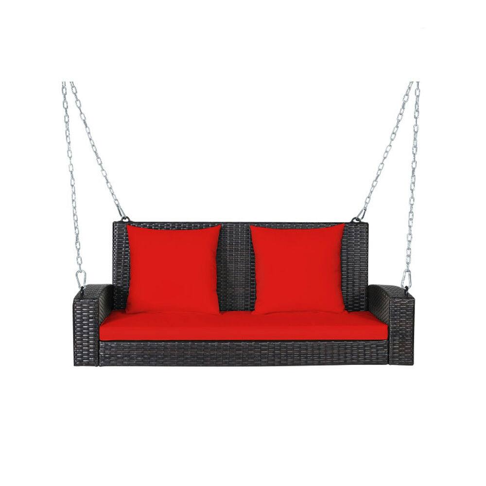 Pefilos - 2-Prson Patio Rattan Porch Swing with Cushions, Wickr Porch Swing with 2 Back Cushions and 1 Sat Cushion, Hanging Swing - Red