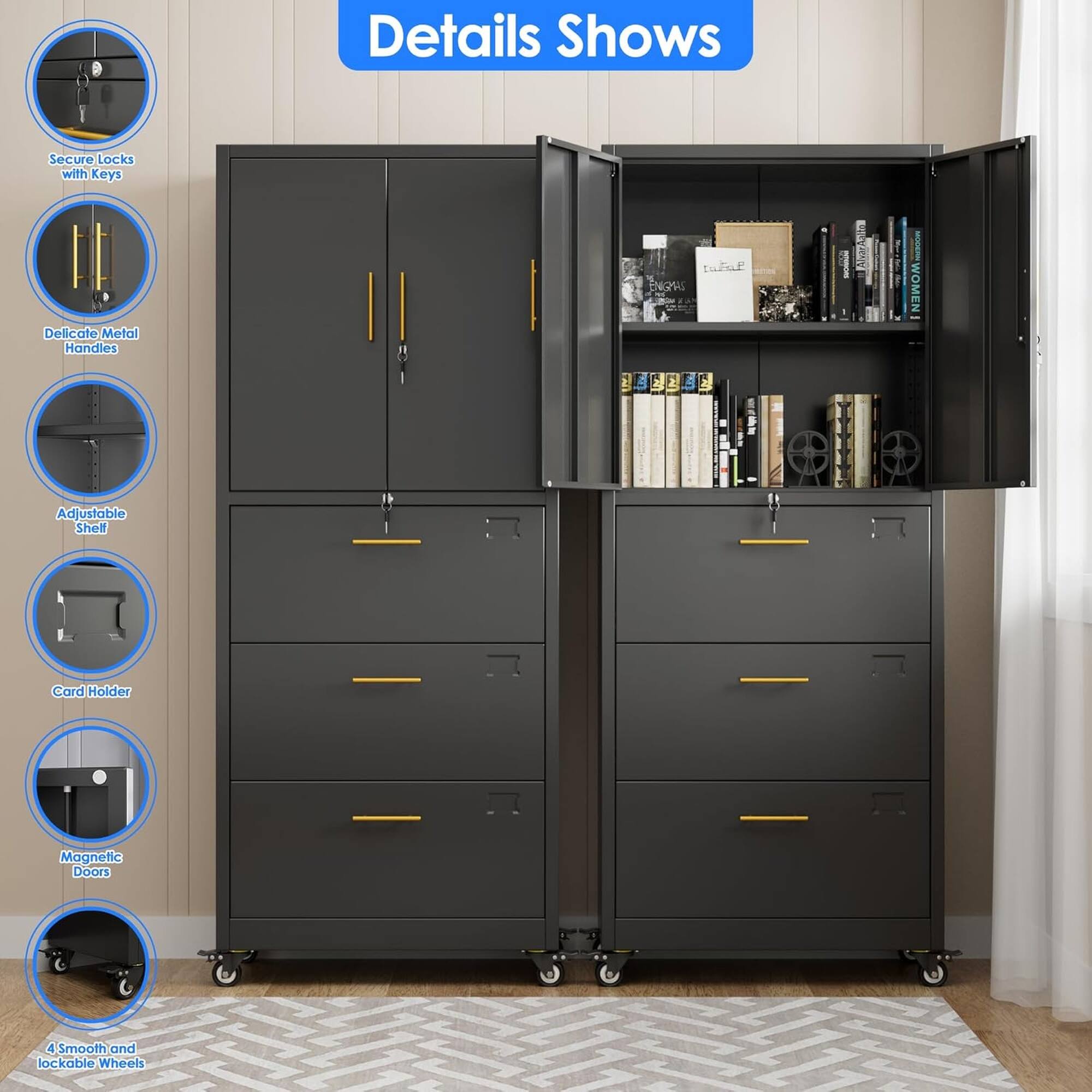 Details Shows Secure Locks with Keys Delicate Metal Handles ENGUAS I Y I 2 WOMEN F F 2 ! Adjustable Shelf Card Holder Magnetic Doors 4 Smooth and lockable Wheels