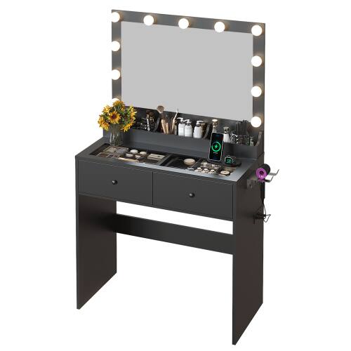 Alt View 1. Winado - All-in-One Vanity Desk Glass Visual Desktop with Mirror & 3 Colors Lights & USB Ports Dressing Table - Black.