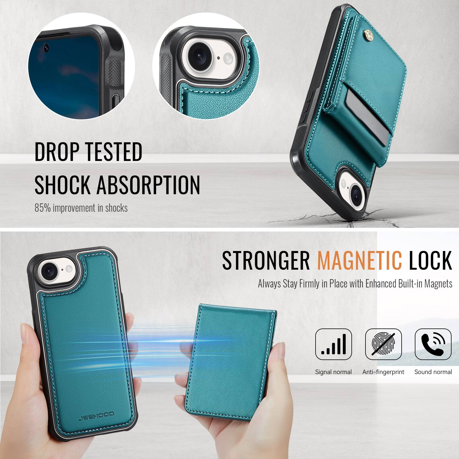 DROP TESTED  
SHOCK ABSORPTION  
85% improvement in shocks  

STRONGER MAGNETIC LOCK  
Always Stay Firmly in Place with Enhanced Built-in Magnets  

Signal normal  
Anti-fingerprint  
Sound normal  

JEEHOOD