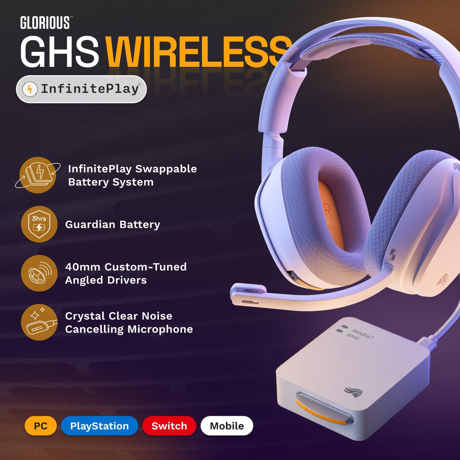 GLORIOUS GHS WIRELESS  
InfinitePlay  
InfinitePlay Swappable Battery System  
3hrs Guardian Battery  
40mm Custom-Tuned Angled Drivers  
Crystal Clear Noise Cancelling Microphone  
BASE HEADSET  
PC  
PlayStation  
Switch  
Mobile