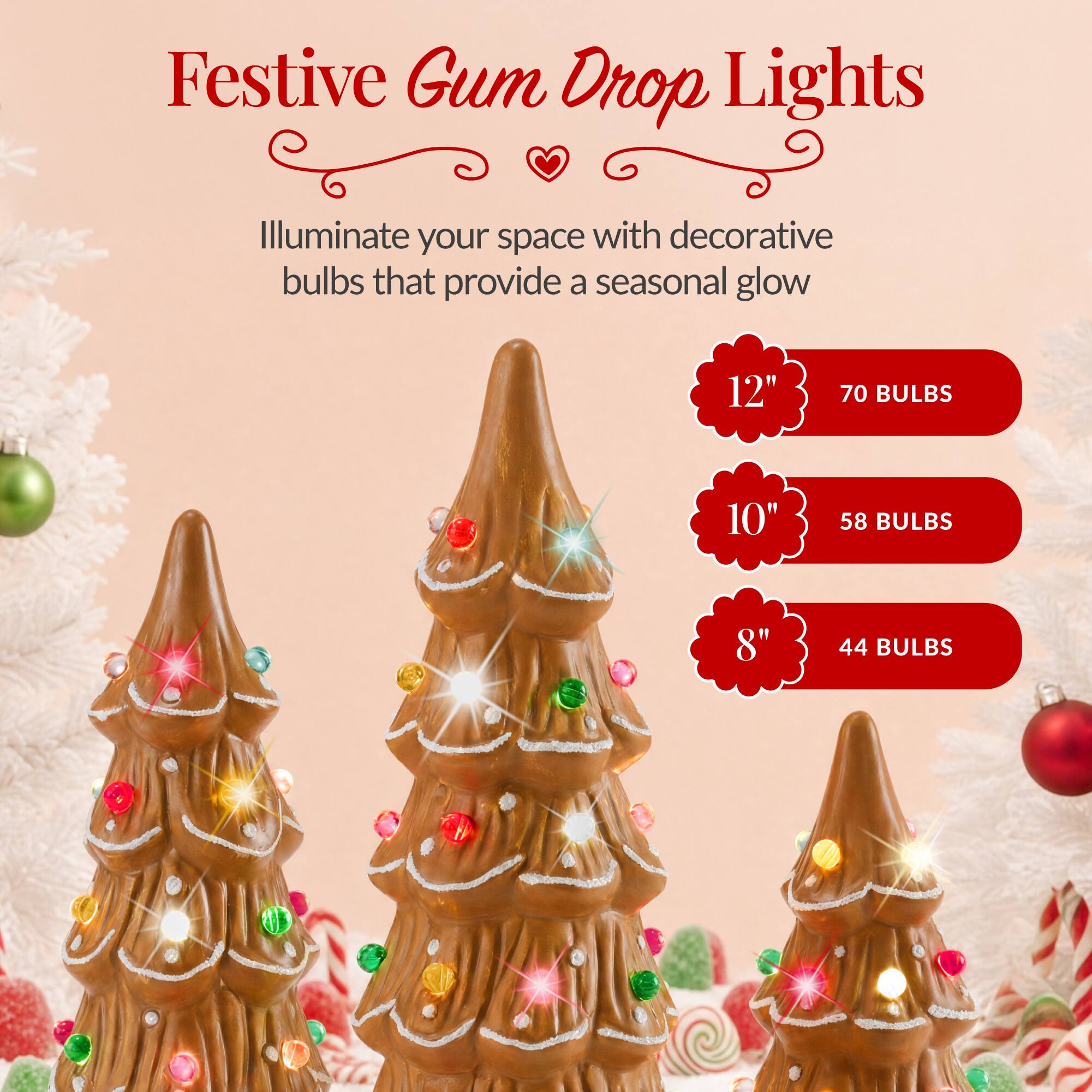Festive Gum Drop Lights

Illuminate your space with decorative bulbs that provide a seasonal glow

12" - 70 BULBS
10" - 58 BULBS
8" - 44 BULBS