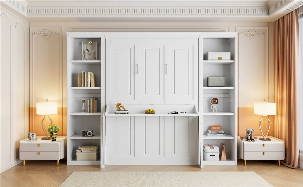 Alt View 2. Tiramisubest - White Solid Wood + MDF Full Size Murphy Bed with Desk and Bookshelf, 110x80x82 inches, 300 lbs - White.