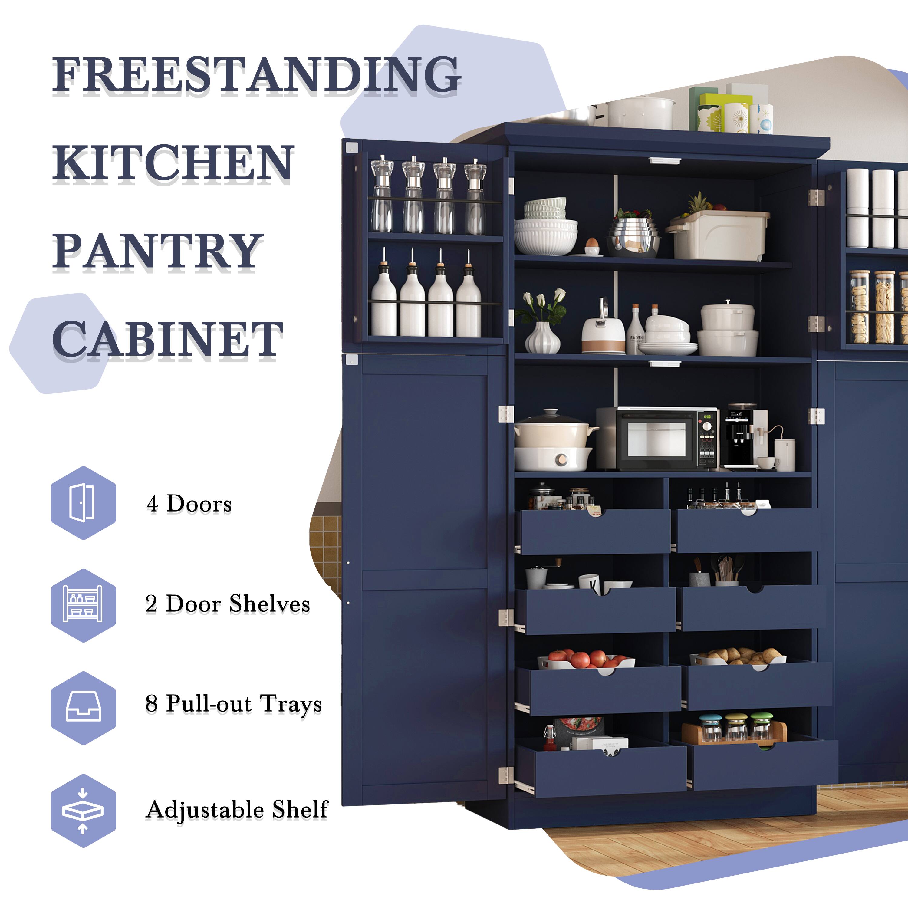 FREESTANDING KITCHEN PANTRY CABINET  
4 Doors  
2 Door Shelves  
8 Pull-out Trays  
Adjustable Shelf