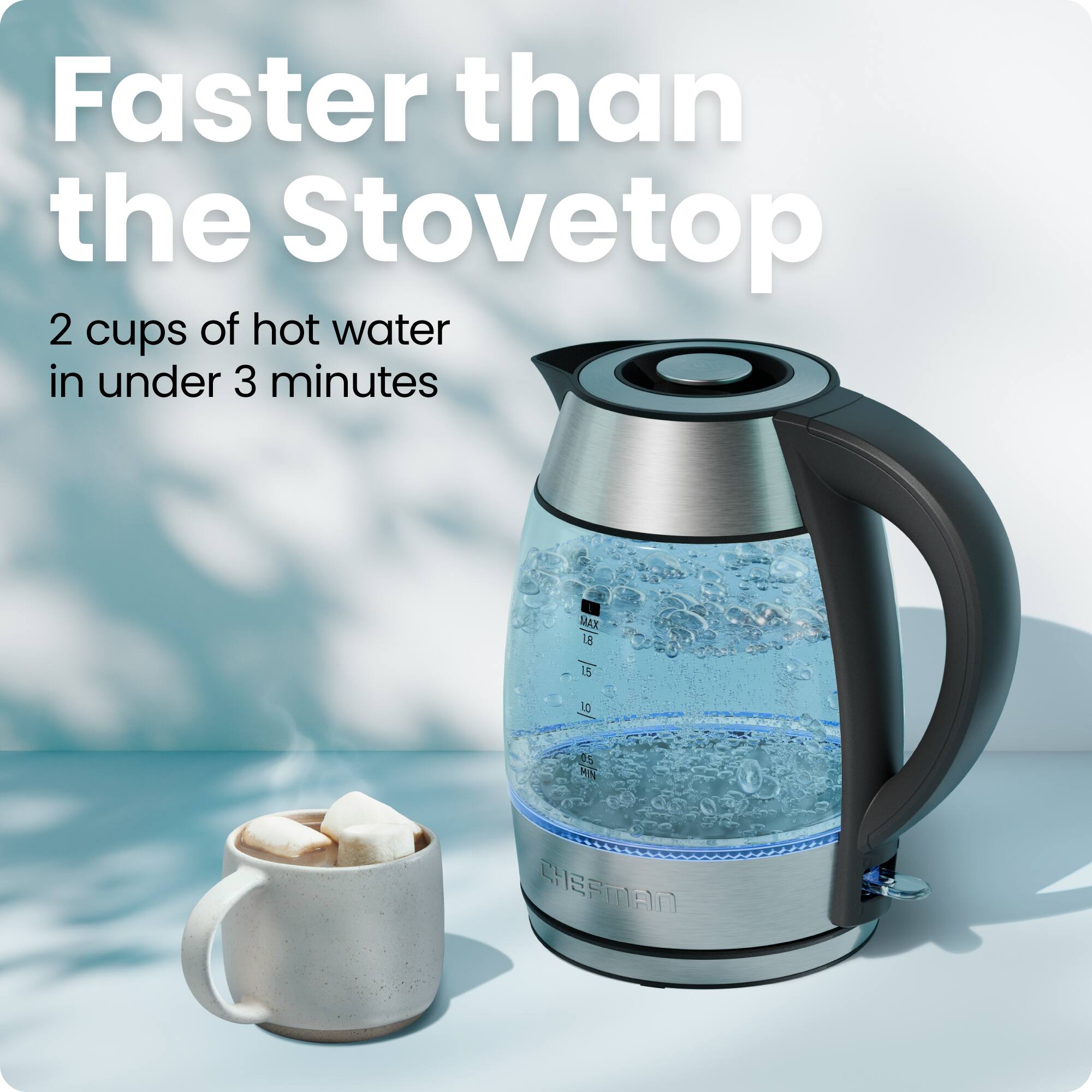Faster than the Stovetop

2 cups of hot water in under 3 minutes

MAX 18 15 10 8.5 HINT

SHEFTMAN