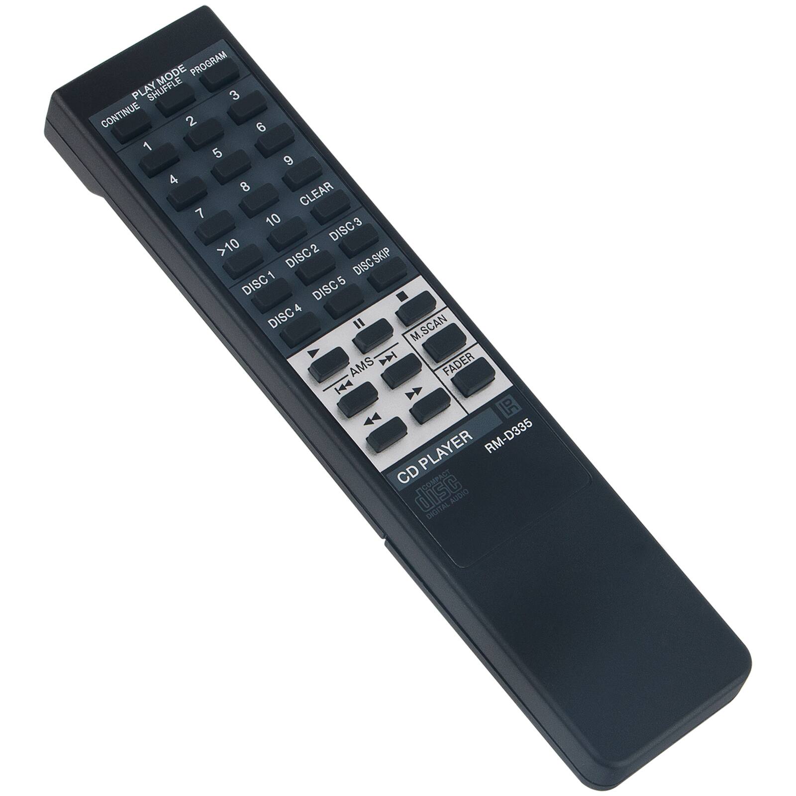 PLAY MODE PROGRAM  
SHUFFLE  
CONTINUE  
1 2 3 4 5 6 7 8 9 10  
CLEAR  
DISC 1 DISC 2 DISC 3 >10 DISC 4 DISC 5 DISC 6 DISC 7 DISC 8 DISC 9 DISC 10  
DISC SKIP  
M.SCAN  
FADER  
AMS  
CD PLAYER  
RM-D335  
DIGITAL AUDIO