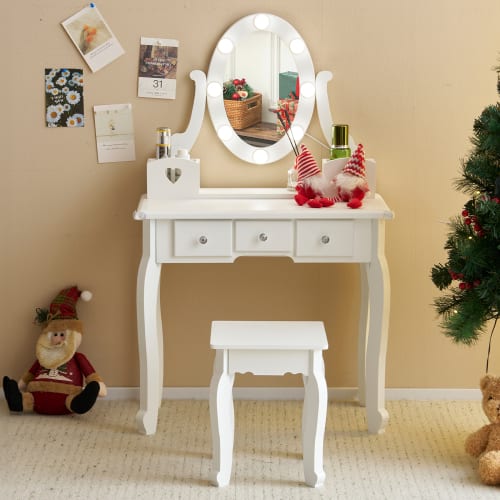 Winado - Little Kids Girls Vanity Table Set Makeup Dressing Desk with Stool & Mirror with 3 Drawers for Christmas Birthday Gift - White