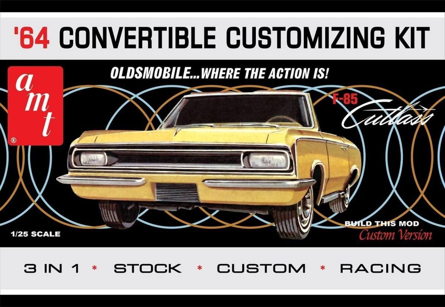 '64 CONVERTIBLE CUSTOMIZING KIT  
OLDSMOBILE... WHERE THE ACTION IS!  
a m t  
F-85 Cutlass  
1/25 SCALE  
BUILD THIS MOD Custom Version  
3 IN 1  
STOCK * CUSTOM * RACING