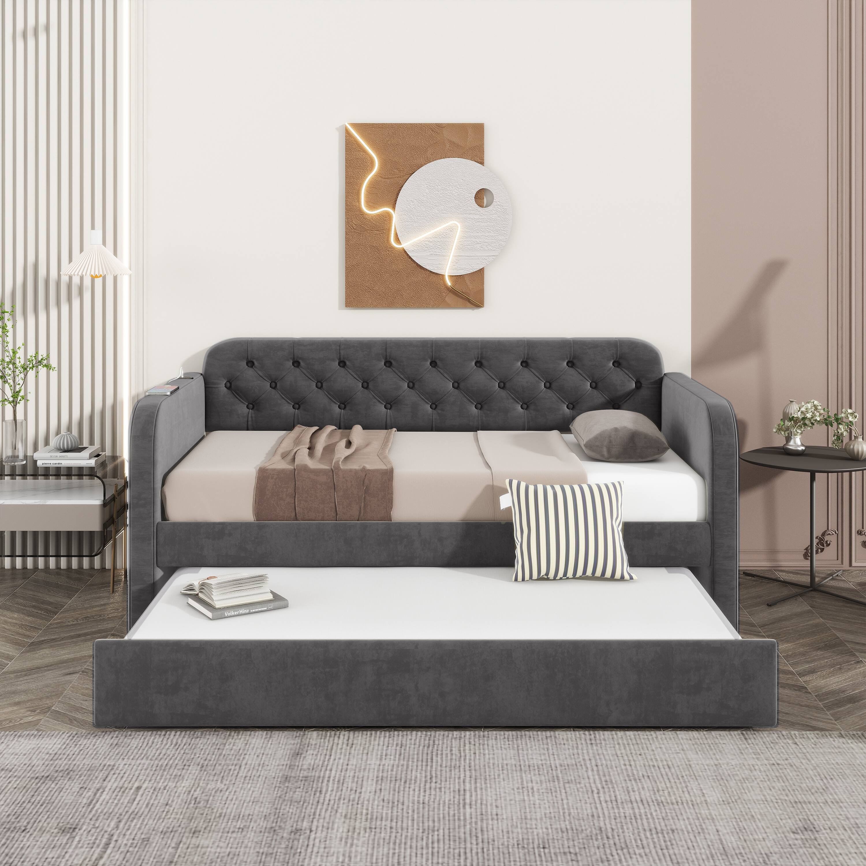 Left. Trinkets Crazed - Twin Size Upholstered Daybed with Trundle and USB Charging Design, Velvet Upholstered Daybed Frame, Twin Sofa Bed - Grey.