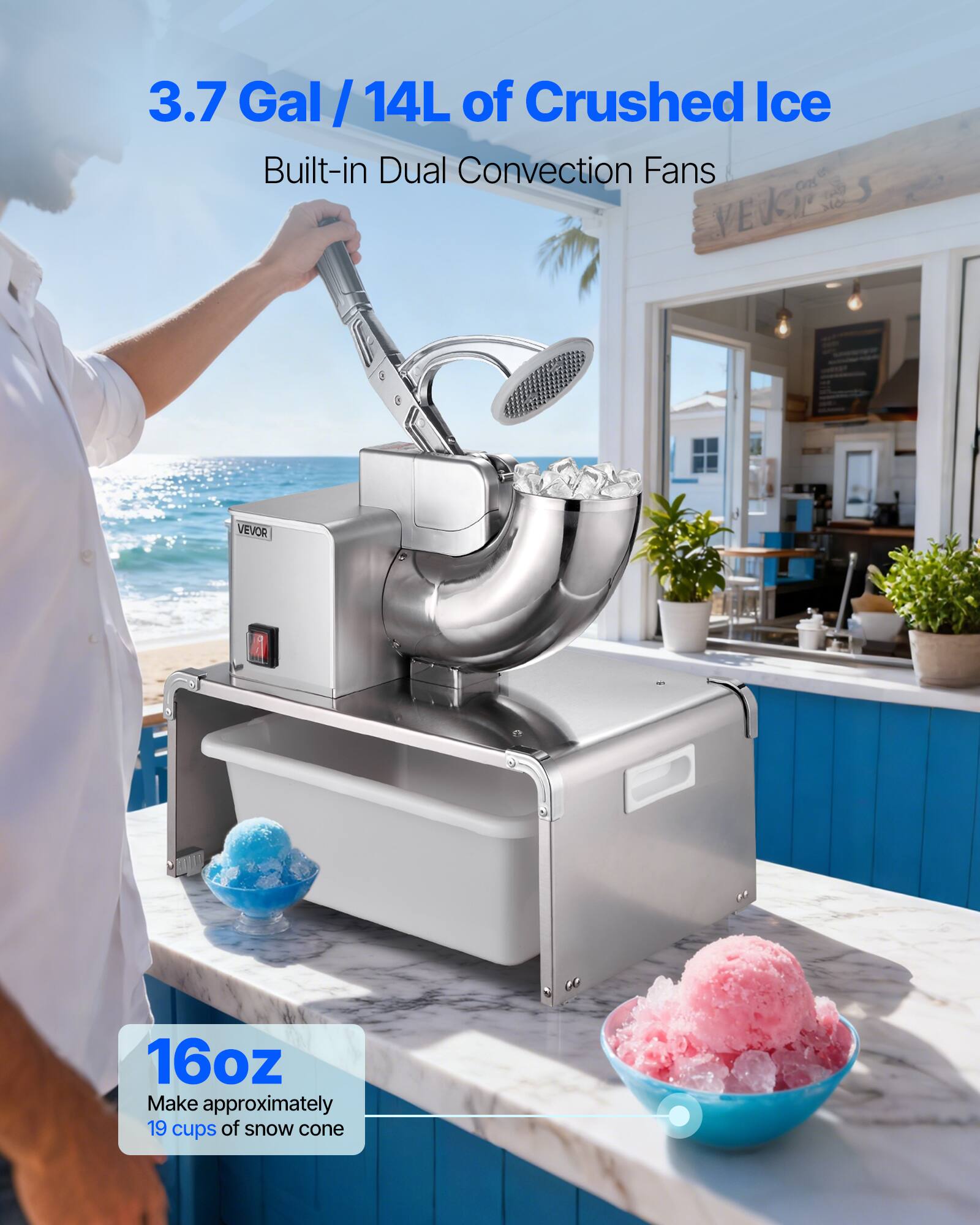 3.7 Gal / 14L of Crushed Ice  
Built-in Dual Convection Fans  

16oz  
Make approximately 19 cups of snow cone