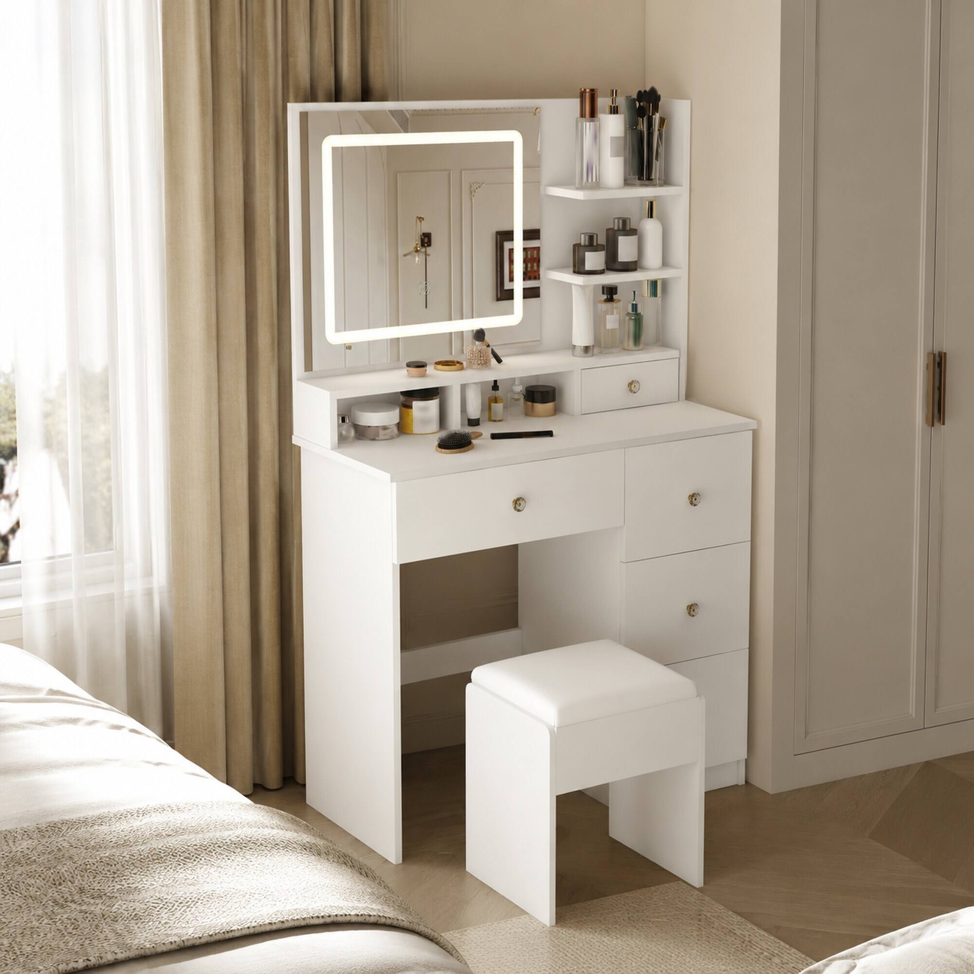 Angle. RYHNUYNE - White Vanity Desk with Mirror, 3-Color Dimmable LED Lights, 4 Silent Drawers, Open Shelf, Makeup Table for Bedroom - White.
