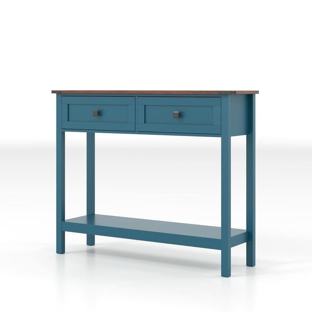 Alt View 5. Kadyn - Farmhouse Style Console Table - 2 Drawers & Bottom Storage Shelf, Rustic Side Table for Entryway, Living Room, Hallway - Blue.