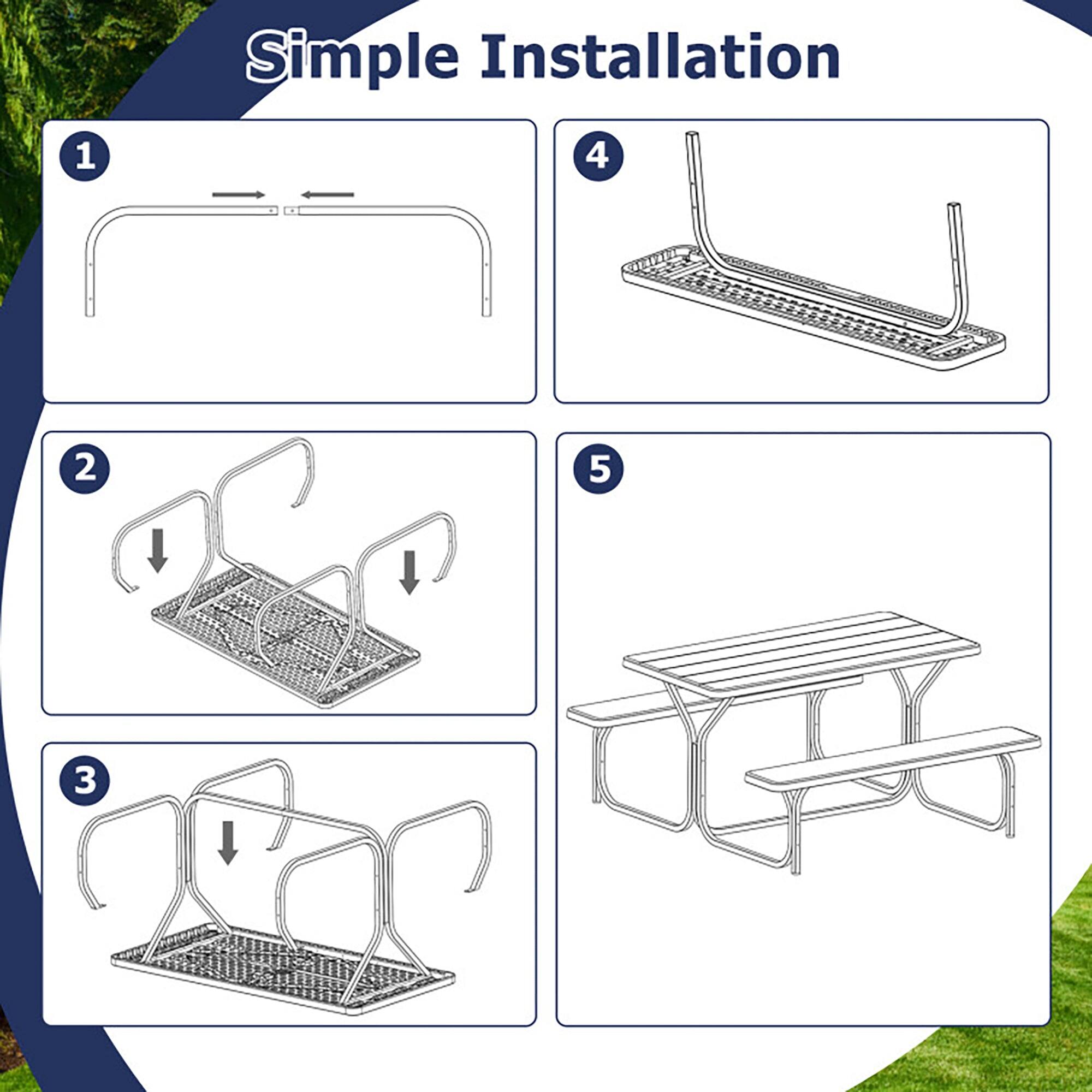 Simple Installation

1. [Image of a metal frame]
2. [Image of a metal frame with legs]
3. [Image of a metal frame with legs and a grid]
4. [Image of a metal frame with legs and a grid]
5. [Image of a complete picnic table]