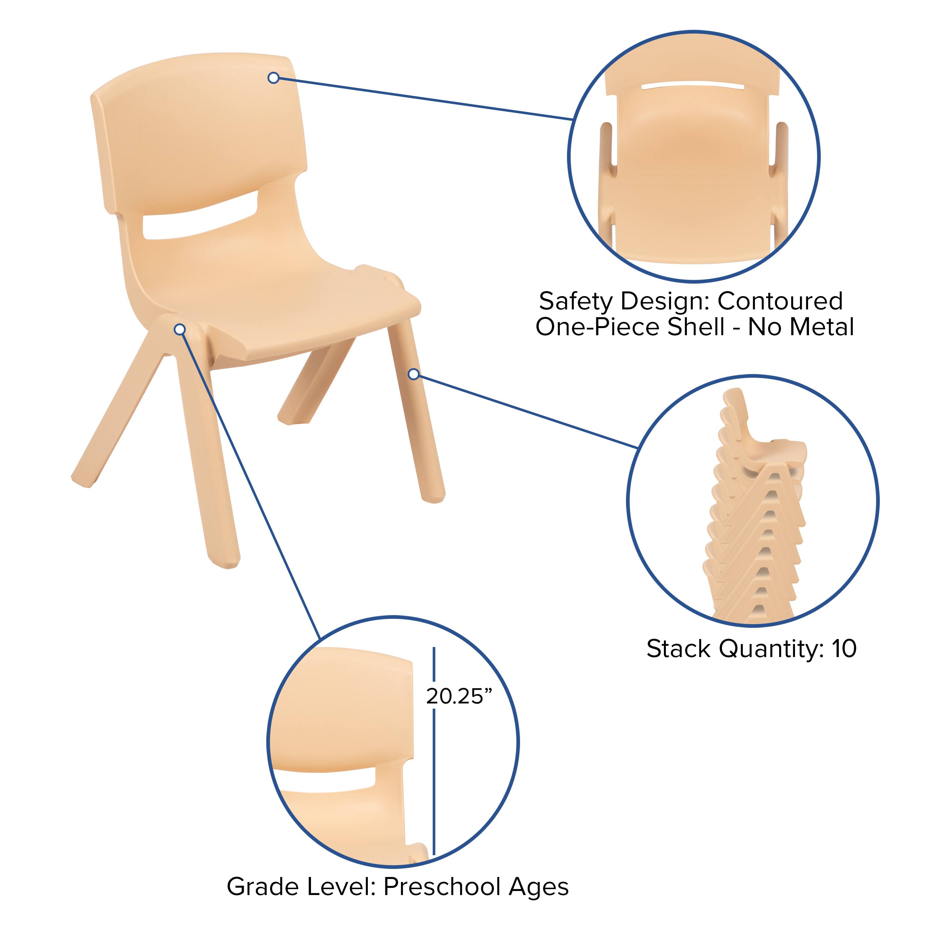 Safety Design: Contoured One-Piece Shell - No Metal  
Stack Quantity: 10  
Grade Level: Preschool Ages  
20.25"