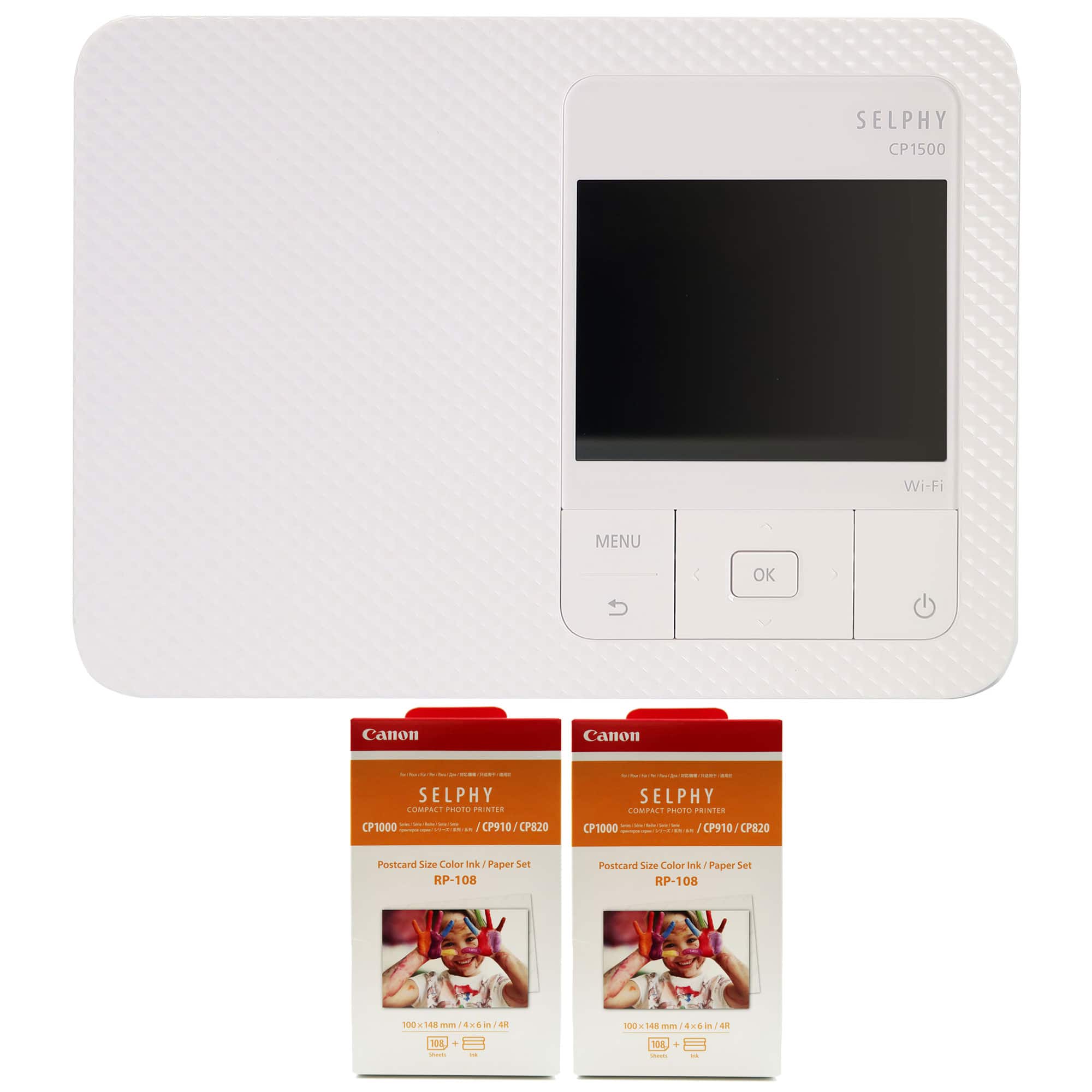 Canon - SELPHY CP1500 Compact Photo Printer, 2x RP-108 High-Capacity Color Ink and Paper Set - Black