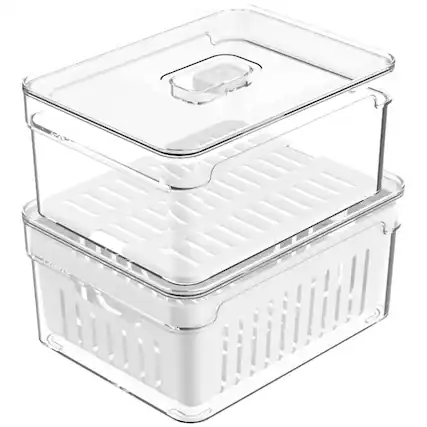 Front. OU - OU Fridge Organizer Bins with Drain Baskets & Vented Lids, Clear Stackable Produce Storage Container - Clear.