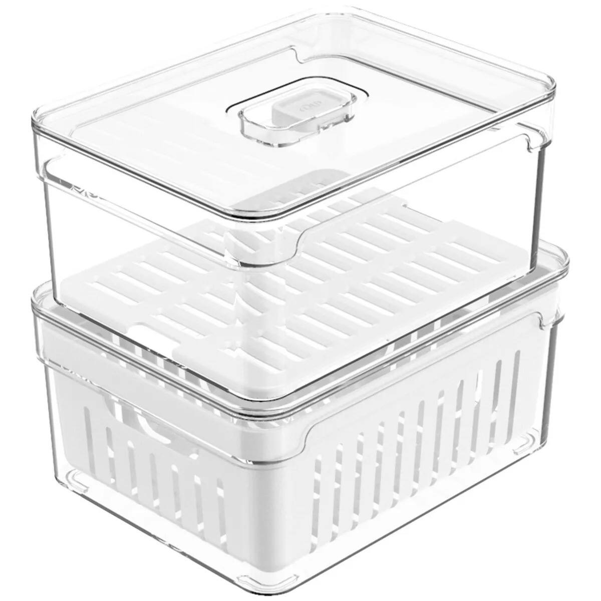 Front. OU - OU Fridge Organizer Bins with Drain Baskets & Vented Lids, Clear Stackable Produce Storage Container - Clear.