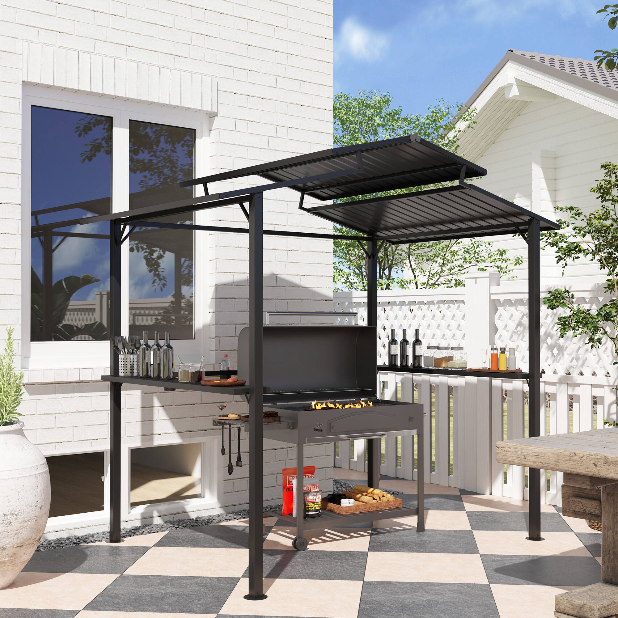 Alt View 1. Outsunny - 8' x 5' Hardtop Grill Gazebo with Double Metal Roof, 2 Side Shelves and 4 Cup Holders, Outdoor BBQ Gazebo - Brown.