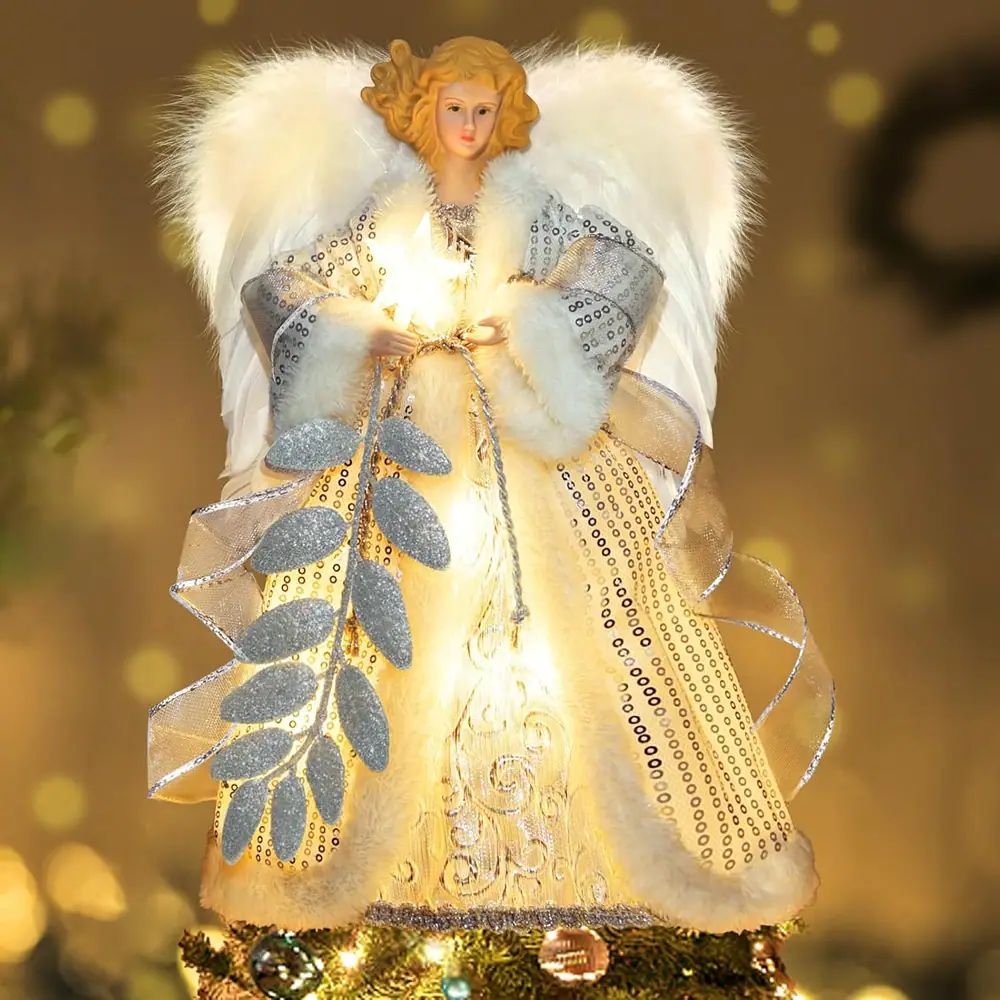 Schertz - 12.5" Lighted Christmas Tree Topper Angel with Timer – - Silver