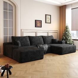 Ropilly - U Shaped Sectional Sofa with Ottoman, Black Plush Corduroy, Deep Seat Corner Couch, No Assembly - Black
