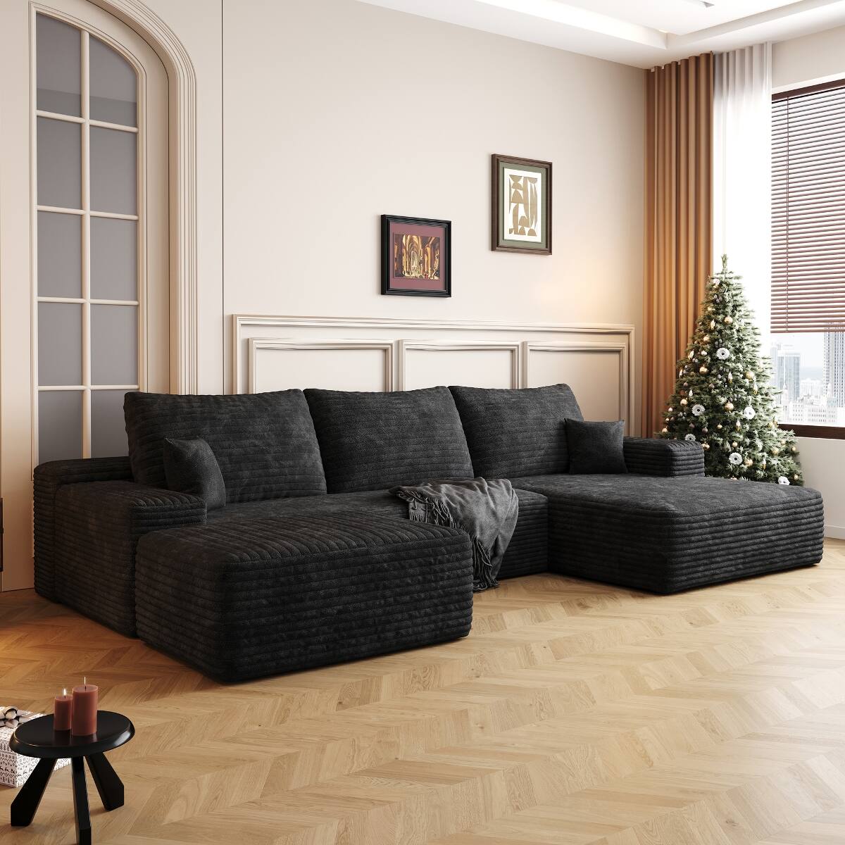 Front. Ropilly - Ropilly U Shaped Sectional Sofa with Ottoman, Black Plush Corduroy, Deep Seat Corner Couch, No Assembly - Black.
