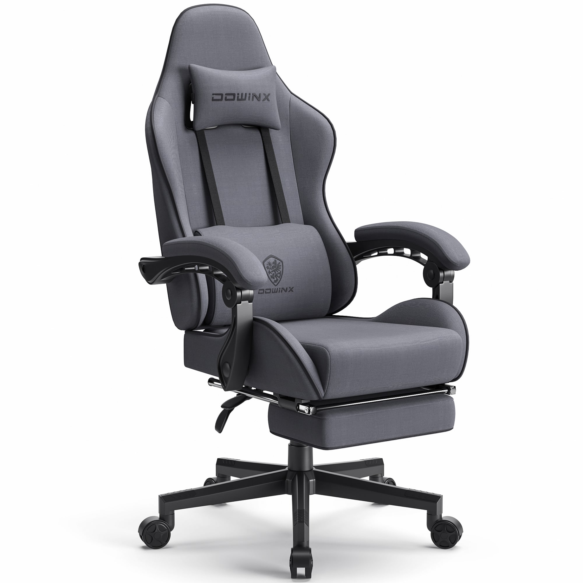 Dowinx - Fabric Gaming Chair with Massage Lumbar Support, Ergonomic Office Chair with Adjustable Headrest and Footrest - Gray