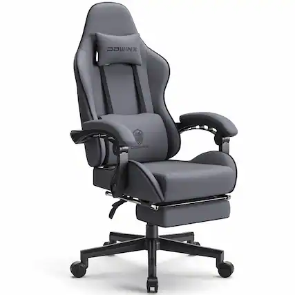 Front. Dowinx - Fabric Gaming Chair with Massage Lumbar Support, Ergonomic Office Chair with Adjustable Headrest and Footrest - Grey.