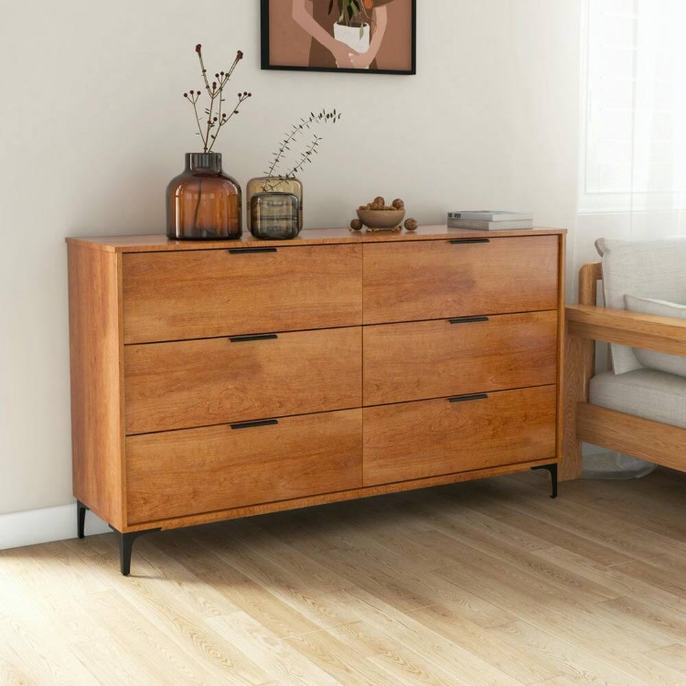 Left. Kadyn - Storage Dresser,Chest of Drawers,6-Drawer Dresser with Interlock System for Bedroom Living Room-Cherry - Brown.
