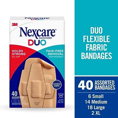 Nexcare DUO  
3M Nexcare BANDAGES  
DUO  
HOLDS STRONG  
PAIN-FREE REMOVAL  
ALL DAY  
SKIN FRIENDLY  
FLEXIBLE FABRIC  
40 ASSORTED  
SEE BACK FOR PINE actual size  
FLEXIBLE FABRIC  

DUO FLEXIBLE FABRIC BANDAGES  
40 ASSORTED BANDAGES  
6 Small  
14 Medium  
18 Large  
2 XL