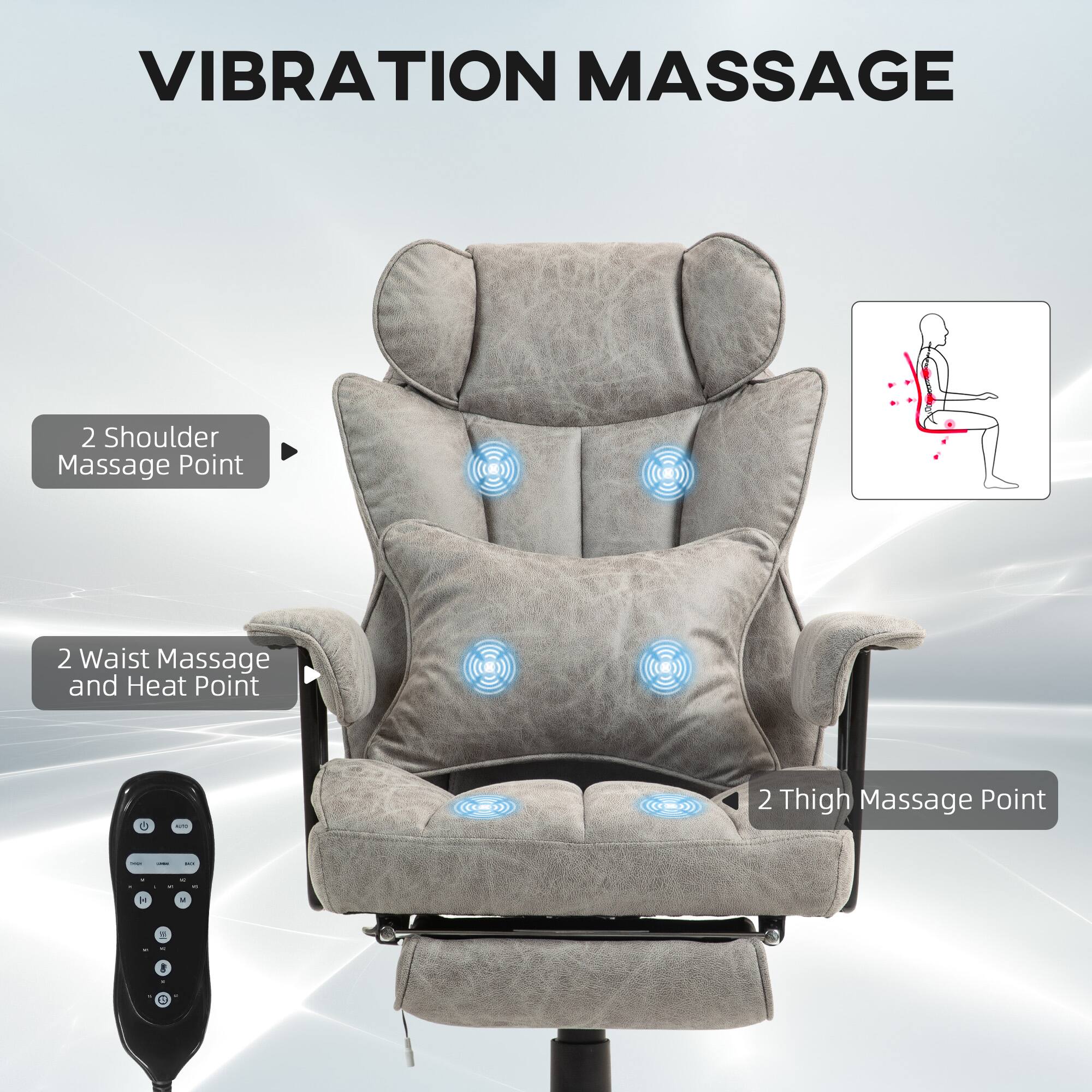 VIBRATION MASSAGE
2 Shoulder Massage Point
2 Waist Massage and Heat Point
2 Thigh Massage Point
