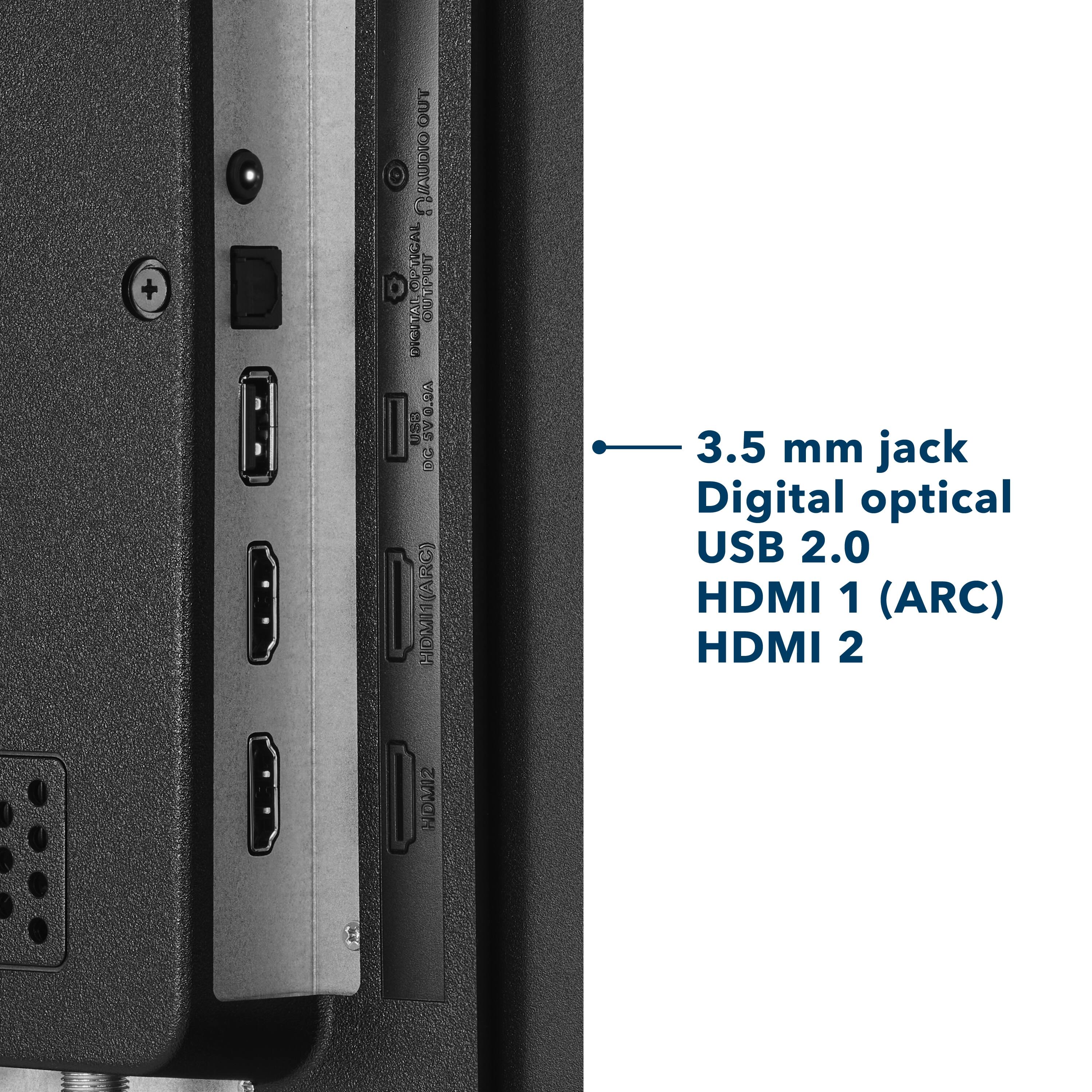 The text on the image reads:

+ 3.5mm jack
Digital optical USB 2.0
HDMI 1 (ARC)
HDMI 2

This text is grouped and corrected as follows:

* 3.5mm jack: 3.5mm jack
* Digital optical USB 2.0: Digital optical USB 2.0
* HDMI 1 (ARC): HDMI 1 (ARC)
* HDMI 2: HDMI 2