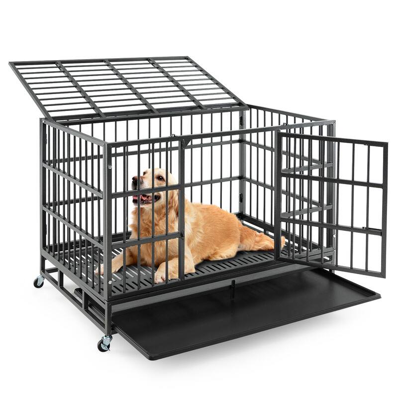 Front. WELLFOR - 48 in Heavy Duty Dog Crates with Lockable Wheels and Doors, Foldable Metal Dog Cage with Tray, Dog Kennel for Indoor - Black.