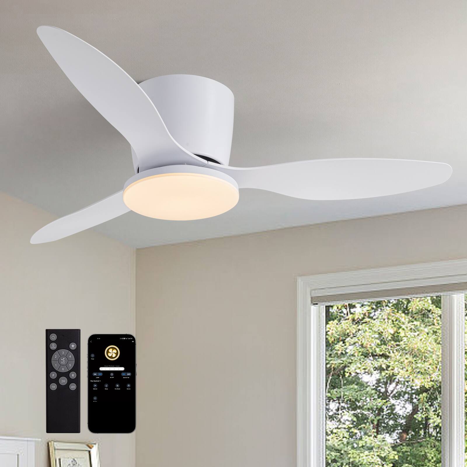 Front. Siljoy - 52 Inch Flush Mount Ceiling Fans with Lights and Remote for Bedroom, Living Room,Kitchen,Patios Indoor and Outdoor - White.