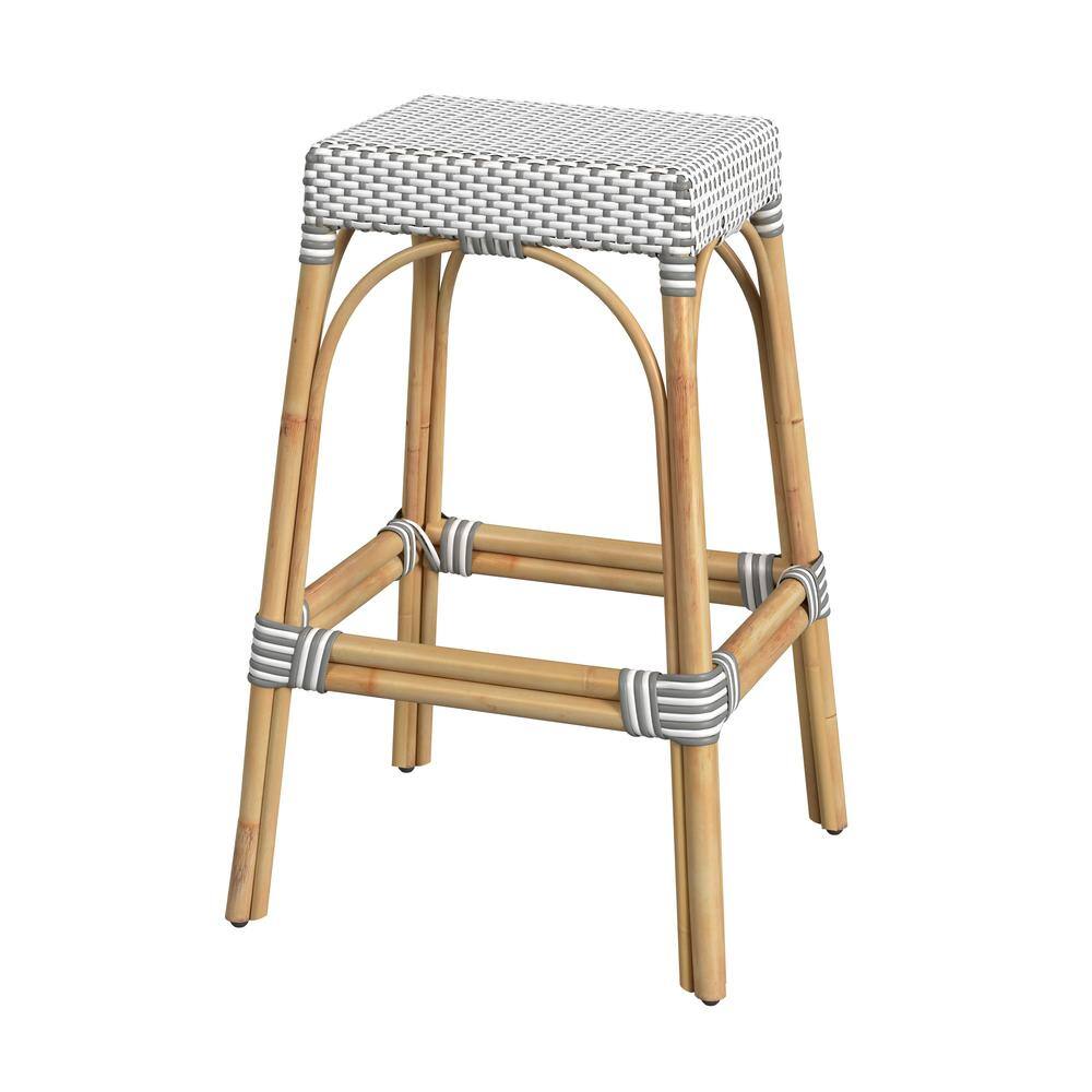 Alt View 1. Butler Specialty - Robias Rectangular Rattan 30" Bar Stool - Gray And White Dot.