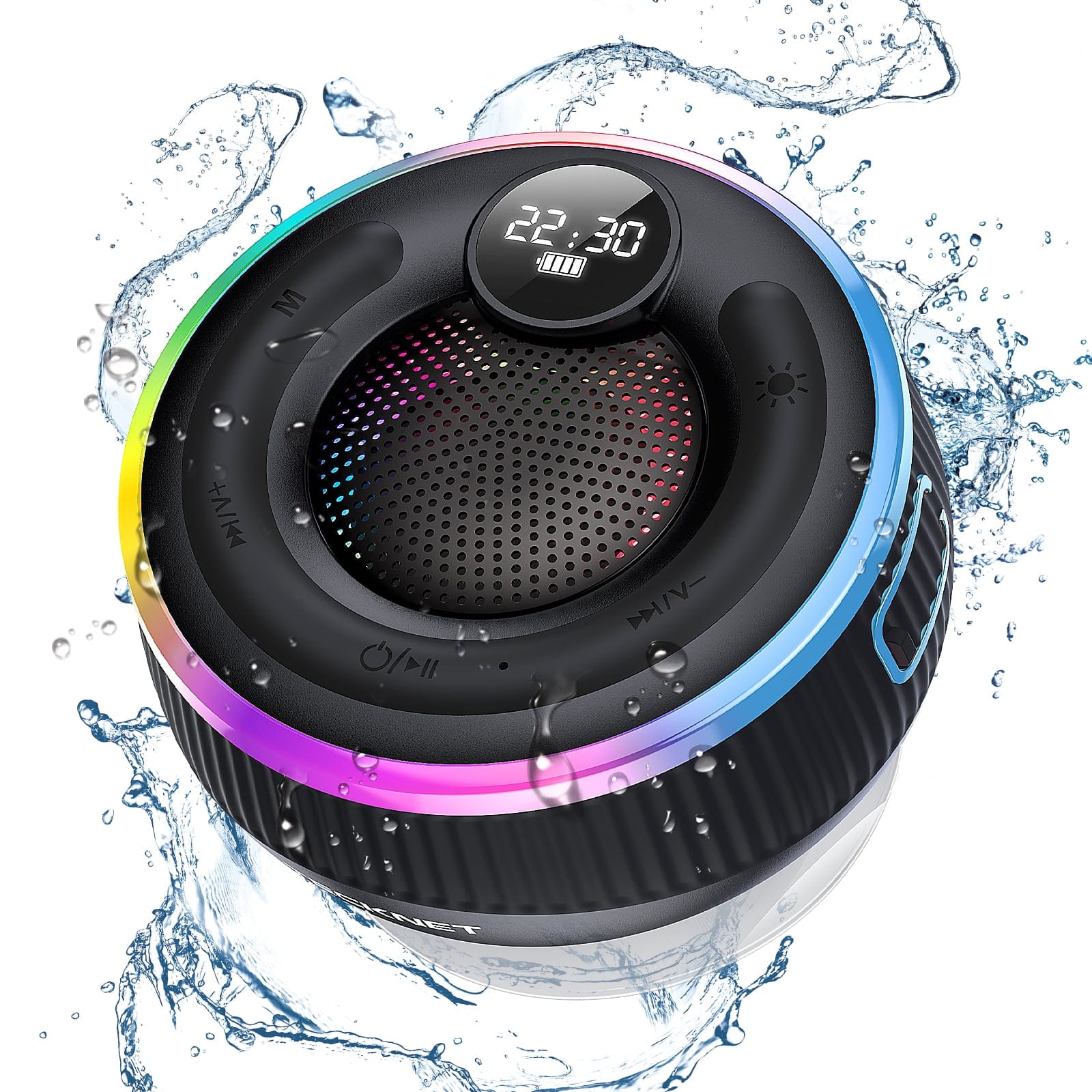 TECKNET - Bluetooth Shower Speaker, IPX7 Waterproof, RGB Light, 10H Playtime, Mic & Suction Cup for Bath/Beach - Black