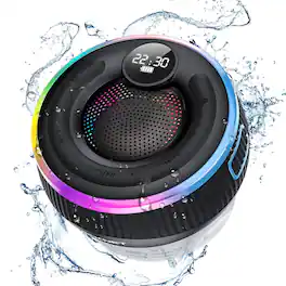 TECKNET - Bluetooth Shower Speaker, IPX7 Waterproof, RGB Light, 10H Playtime, Mic & Suction Cup for Bath/Beach - Black