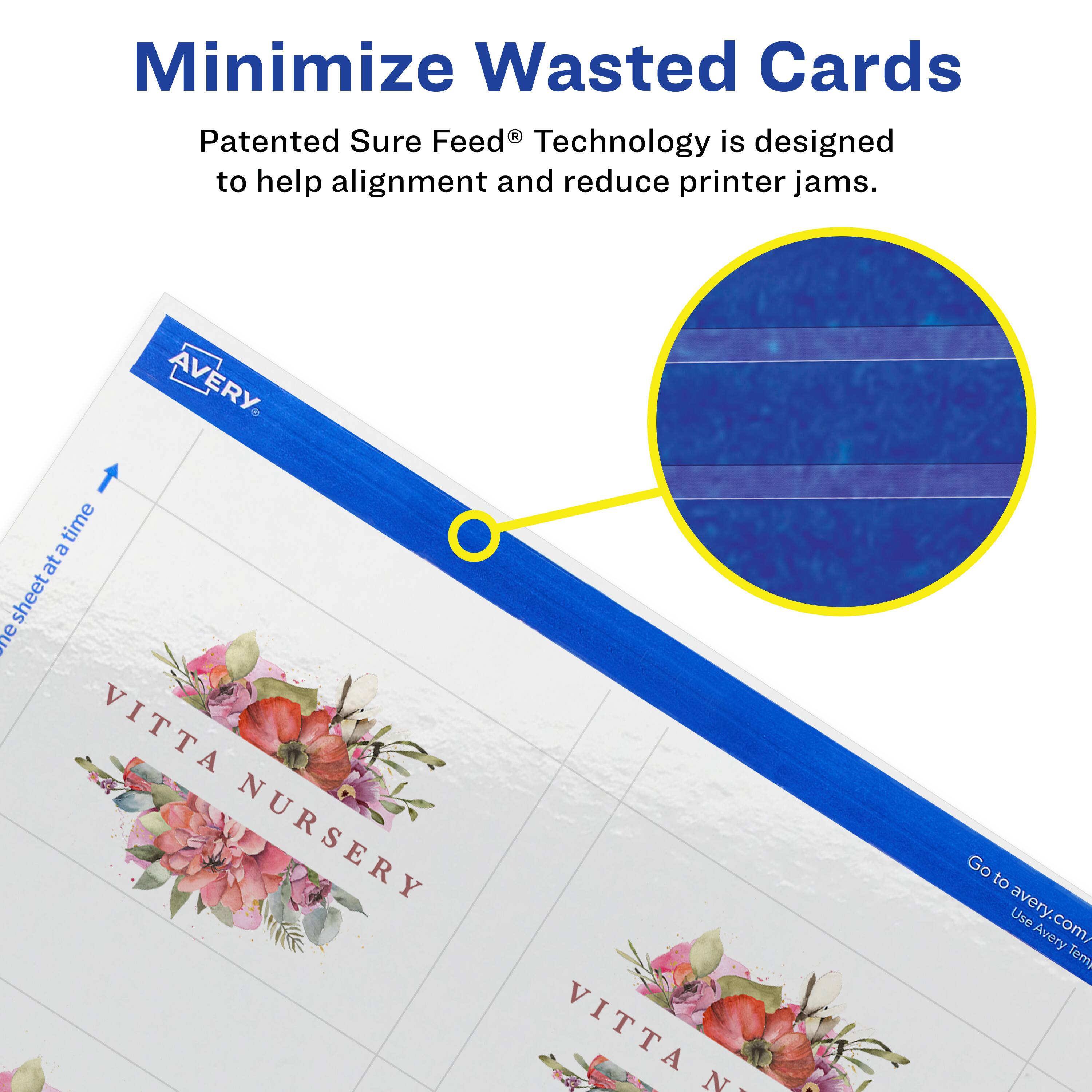 Minimize Wasted Cards

Patented Sure Feed® Technology is designed to help alignment and reduce printer jams.

AVERY

VITTA NURSERY

Go to avery.com/ Use Avery Templates