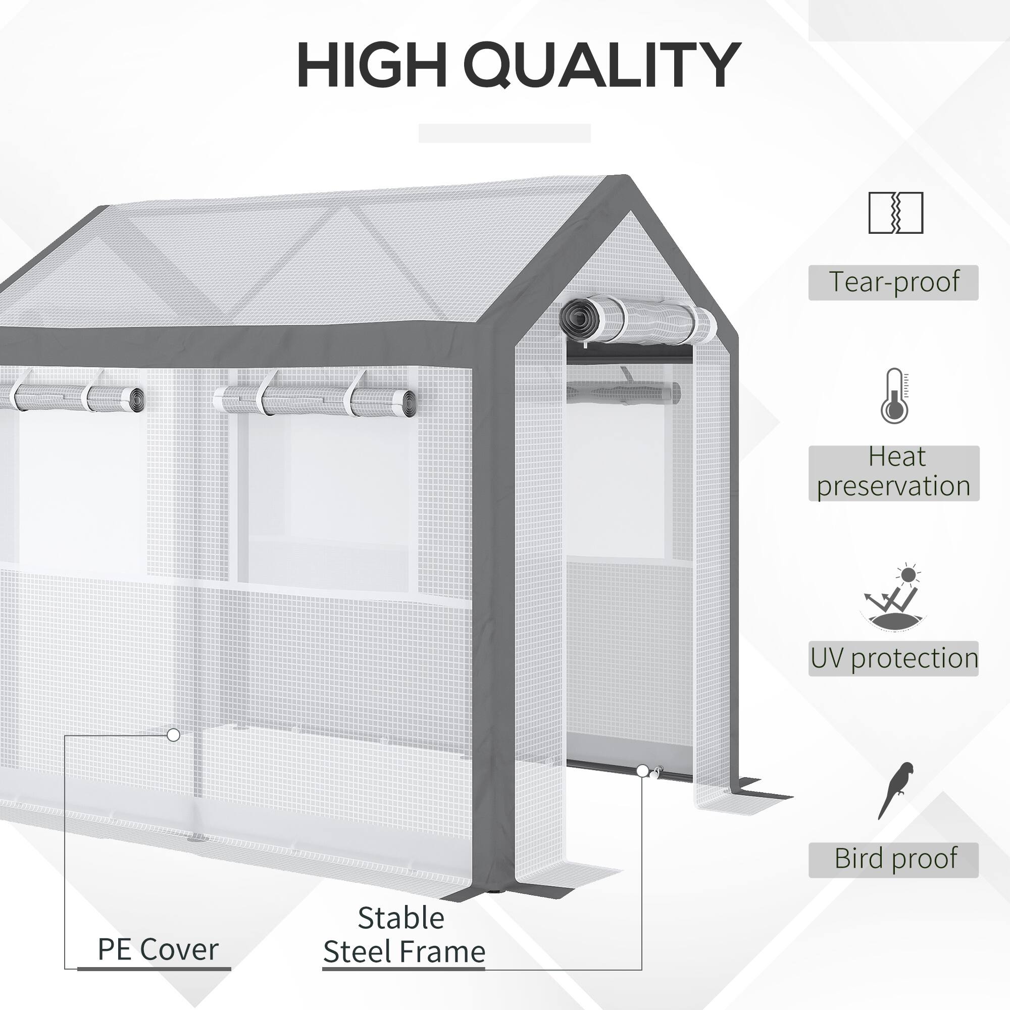 HIGH QUALITY

Stable Steel Frame
PE Cover
Tear-proof
Heat preservation
UV protection
Bird proof