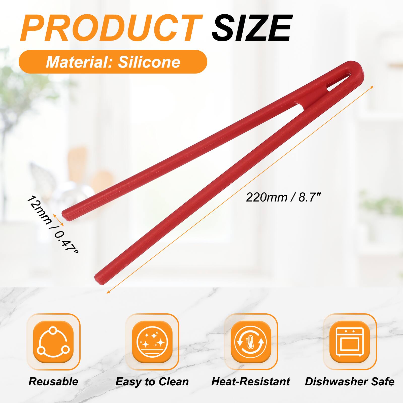 PRODUCT SIZE  
Material: Silicone  
12mm / 0.47"  
220mm / 8.7"  

Reusable  
Easy to Clean  
Heat-Resistant  
Dishwasher Safe