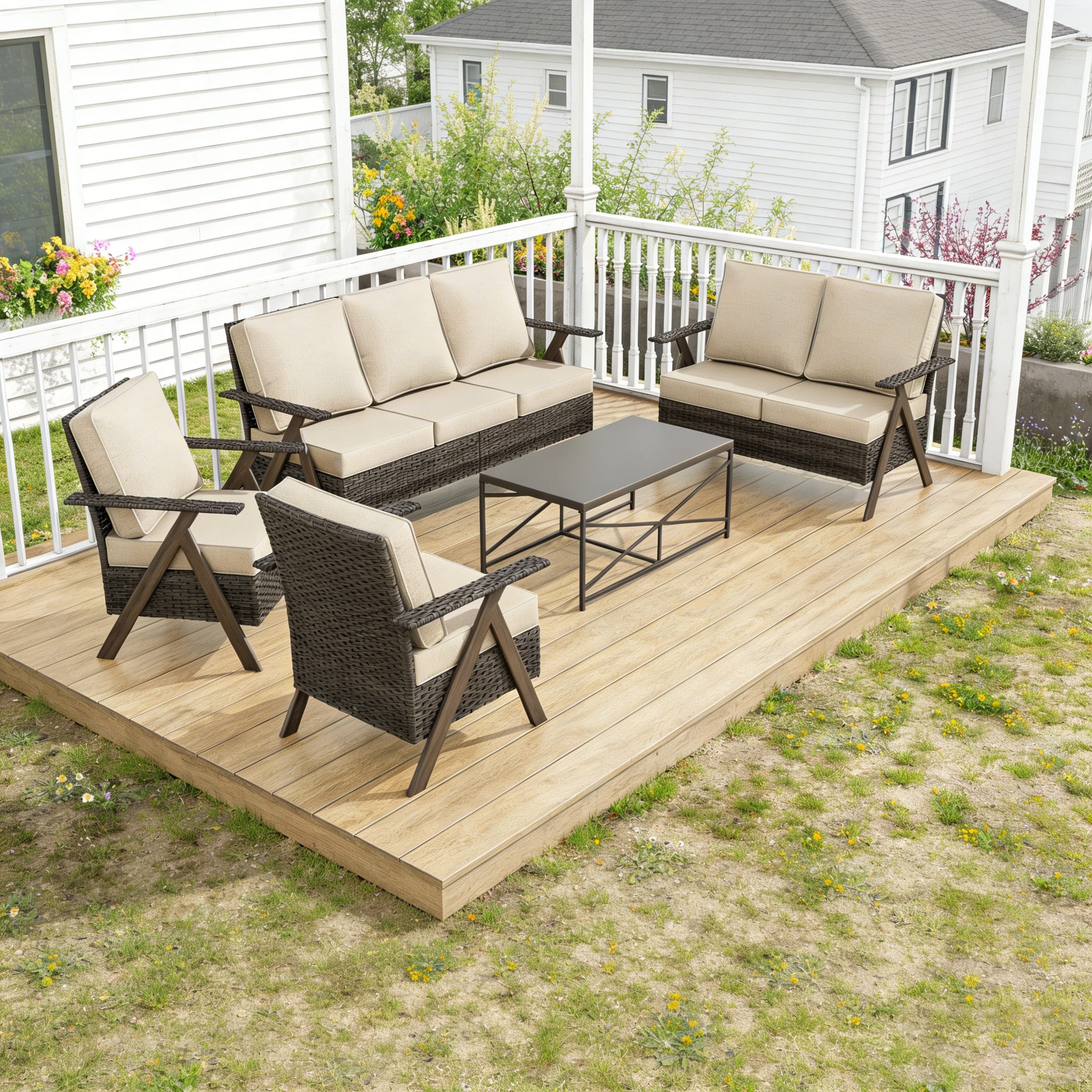 Bestier - Patio Furniture Set, Outdoor Conversation Set with Thick Cushion Sofa Loveseat Swivel Chairs Coffee Table for Backyard - Beige