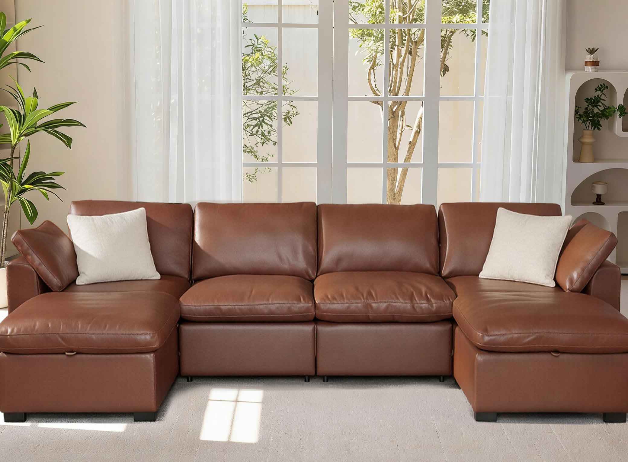 Dyonery - 160" U Shaped Couch with Storage Ottoman， Down-Filled Wide Deep Seat, Solid Wood Frame,Faux Leather Brown - Black Faux Leather