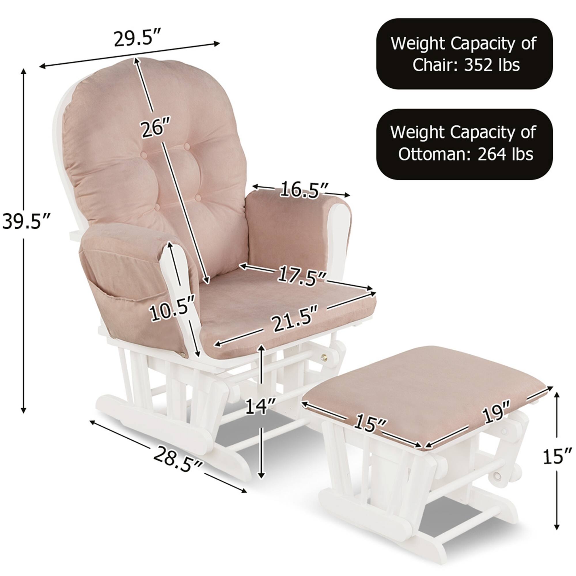 The image shows a chair and ottoman with dimensions and weight capacities. The chair has a weight capacity of 352 lbs, while the ottoman has a weight capacity of 264 lbs. The chair is 29.5 inches tall, and the ottoman is 26 inches tall. The chair is 39.5 inches wide, and the ottoman is 16.5 inches wide. The chair is also 10.5 inches deep, and the ottoman is 17.5 inches deep. The chair is 21.5 inches wide, and the ottoman is 19 inches wide. The chair is 14 inches deep, and the ottoman is 15 inches deep.