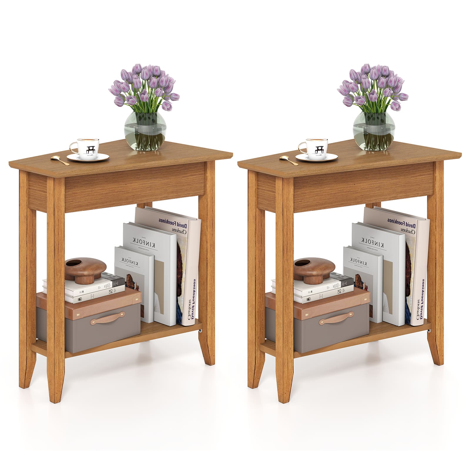 Gymax - 2 PCS End Table Irregular Narrow Sofa Side Nightstand w/ Storage Shelf Walnut - Brown