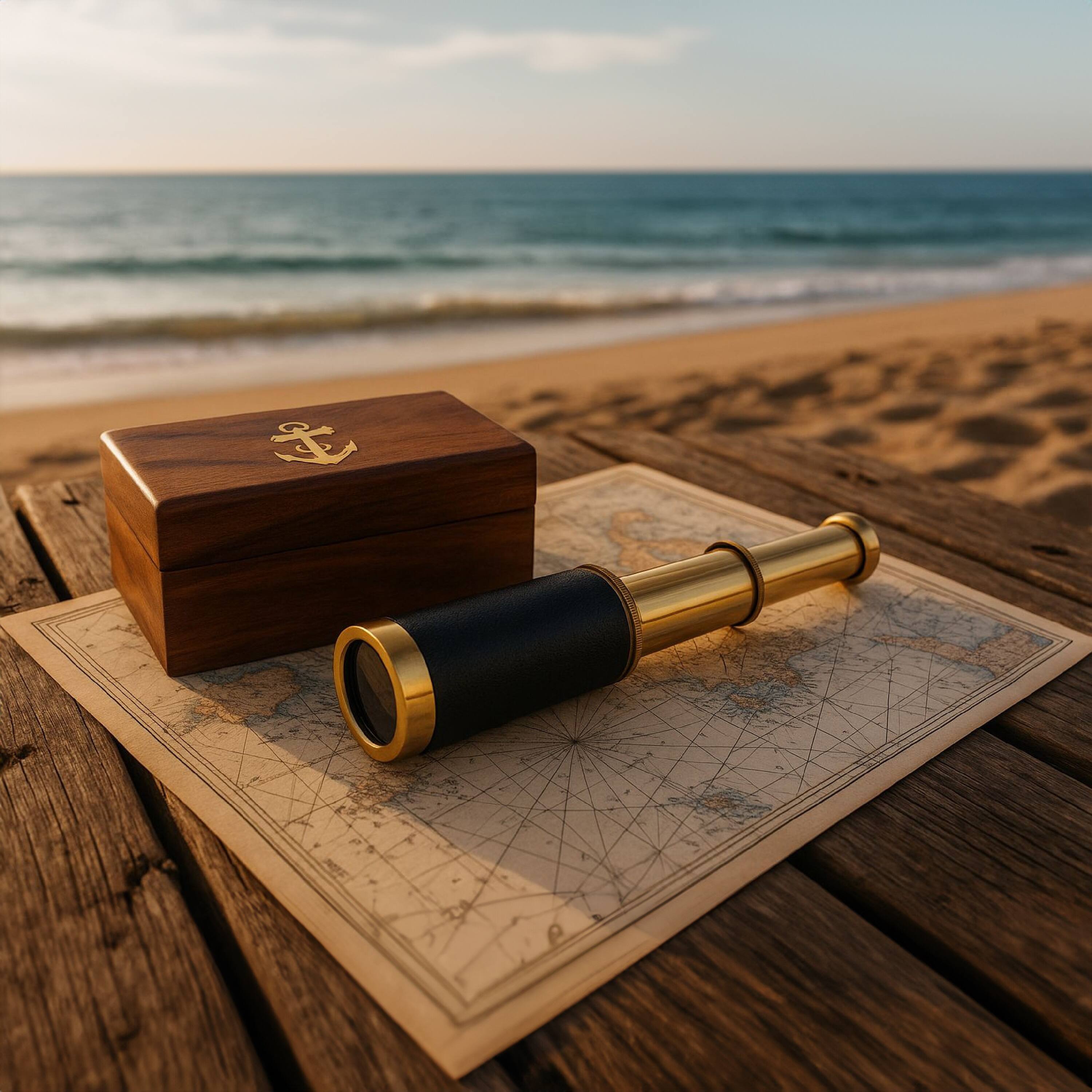 Alt View 2. Manhattan Lane - Small Brass Telescope with Pullout Wooden Box - Gold and Brown.