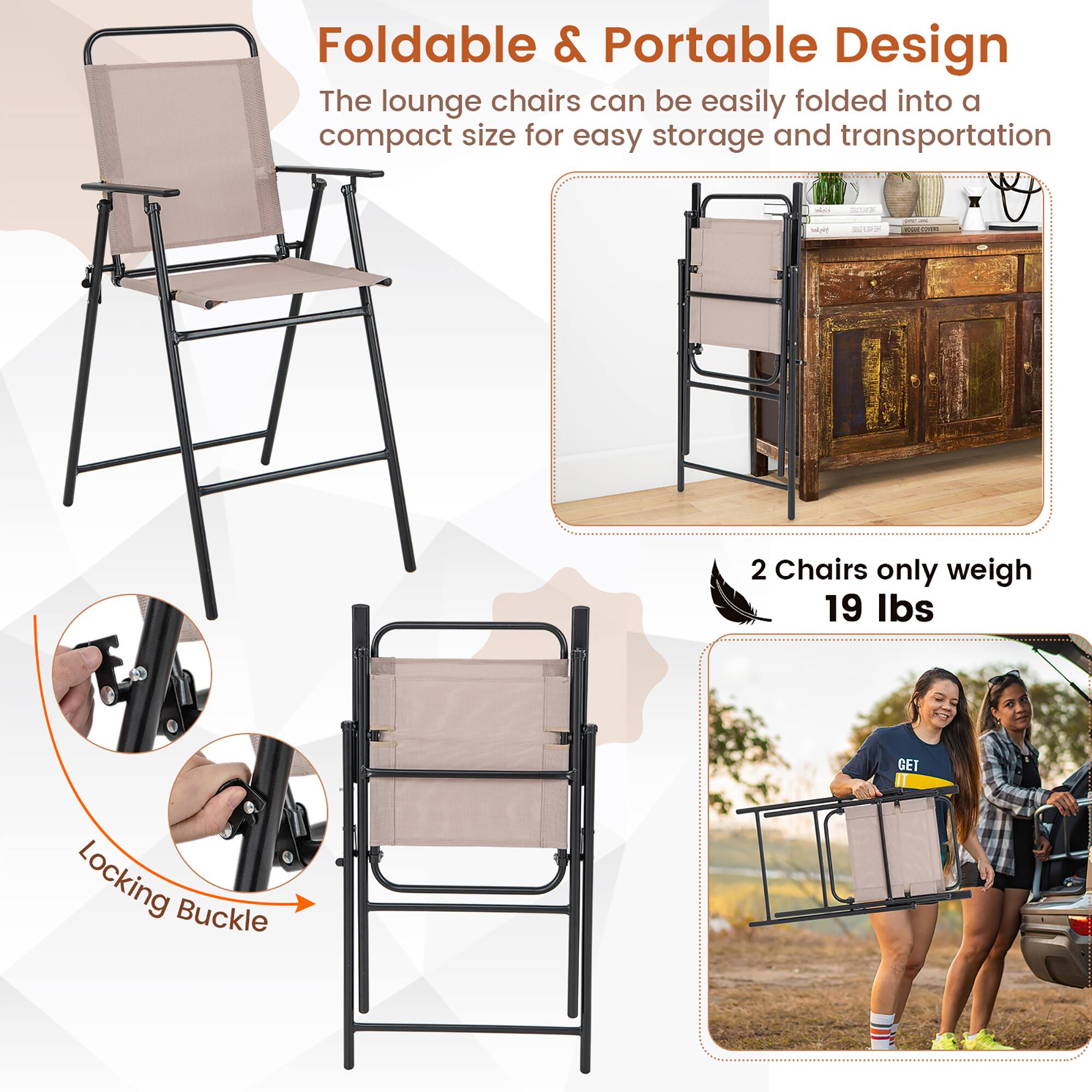 Foldable & Portable Design  
The lounge chairs can be easily folded into a compact size for easy storage and transportation.

2 Chairs only weigh 19 lbs

Locking Buckle