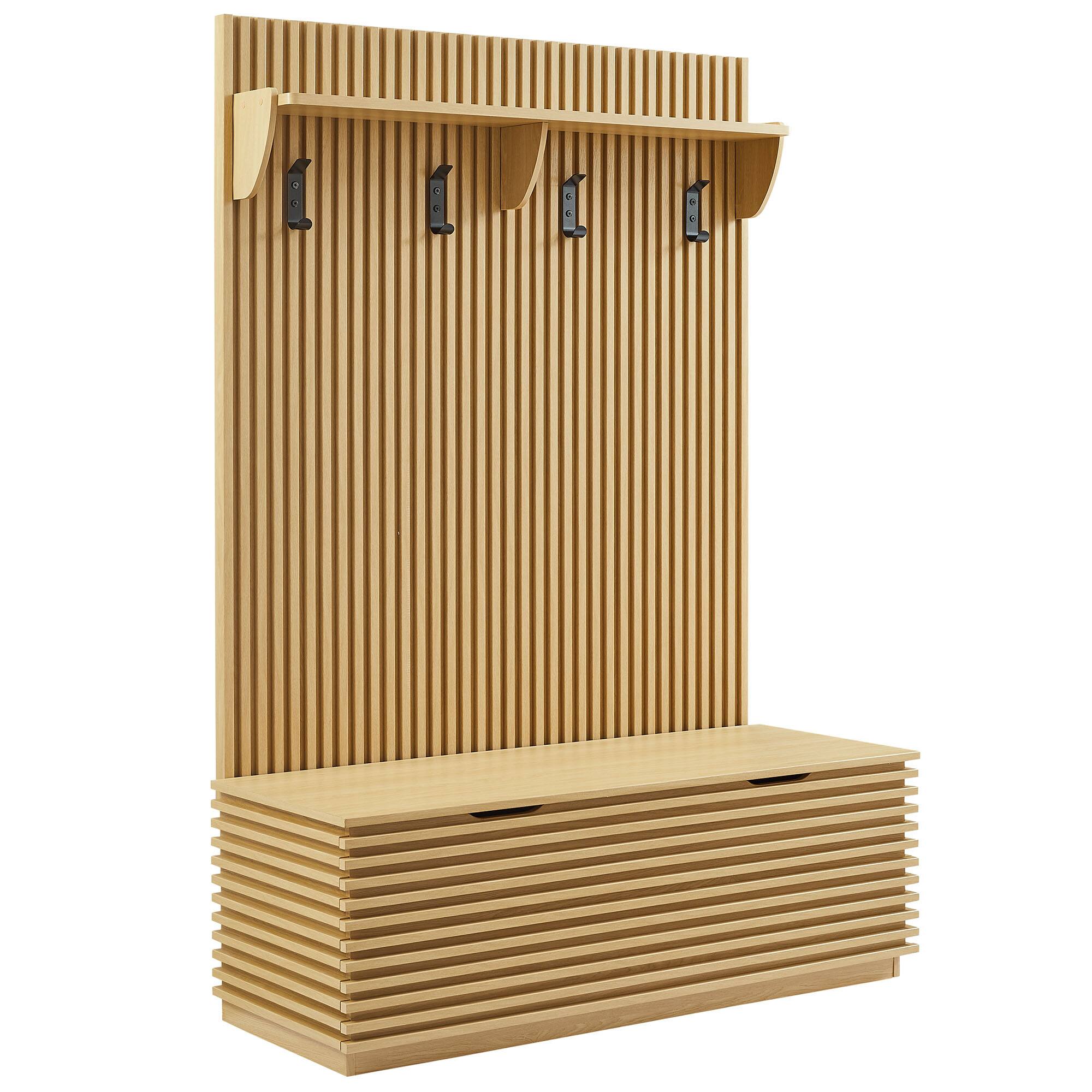 Angle. Modway - Render Fluted 3-in-1 Hall Tree With Storage Bench and Coat Rack by Modway - Oak.
