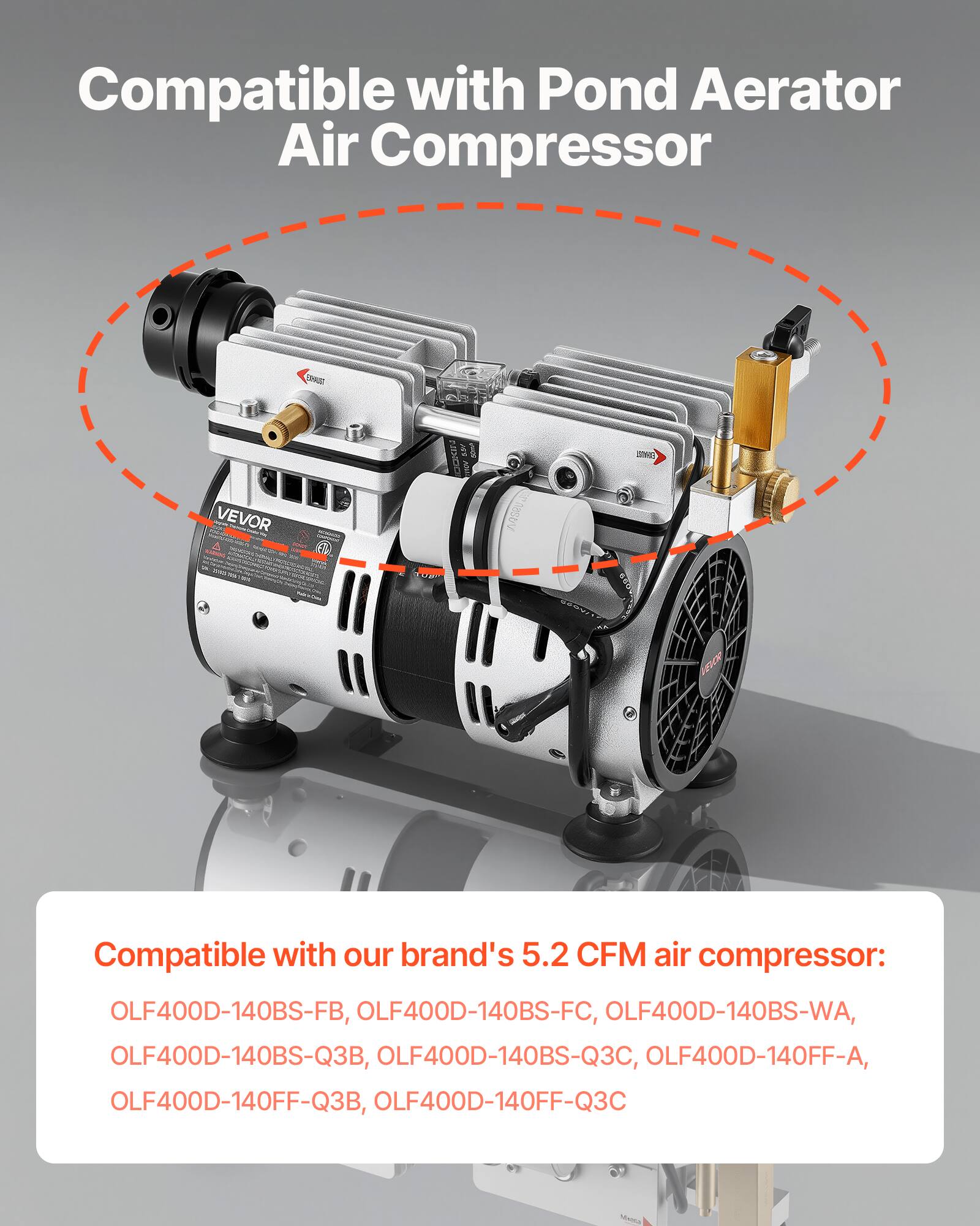 Compatible with Pond Aerator Air Compressor

Compatible with our brand's 5.2 CFM air compressor:
OLF400D-140BS-FB, OLF400D-140BS-FC, OLF400D-140BS-WA, OLF400D-140BS-Q3B, OLF400D-140BS-Q3C, OLF400D-140FF-A, OLF400D-140FF-Q3B, OLF400D-140FF-Q3C