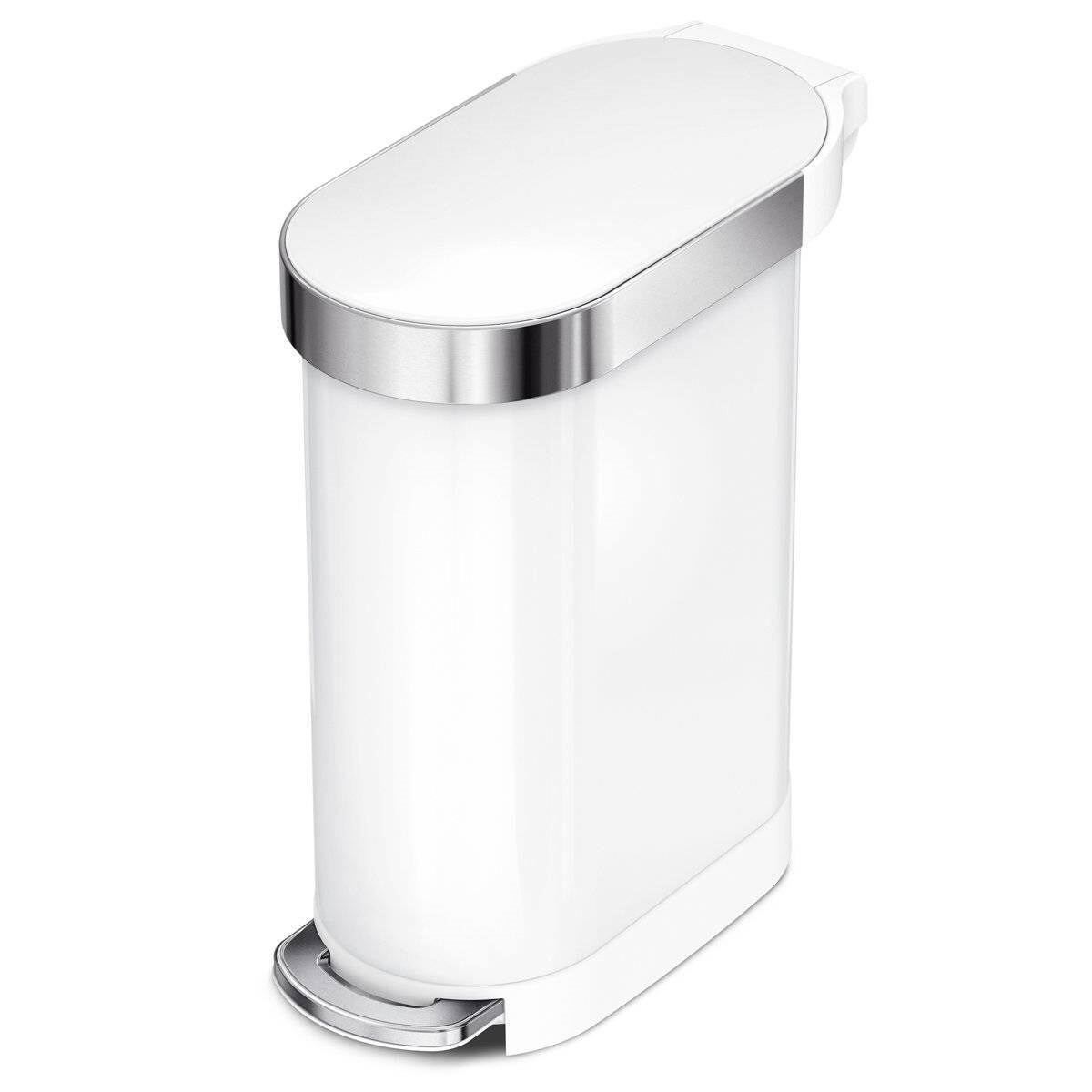 Front. SlickBlue - 12-Gallon Narrow Kitchen Trash Can in Stainless Steel, Easy Step-On Lid - White.