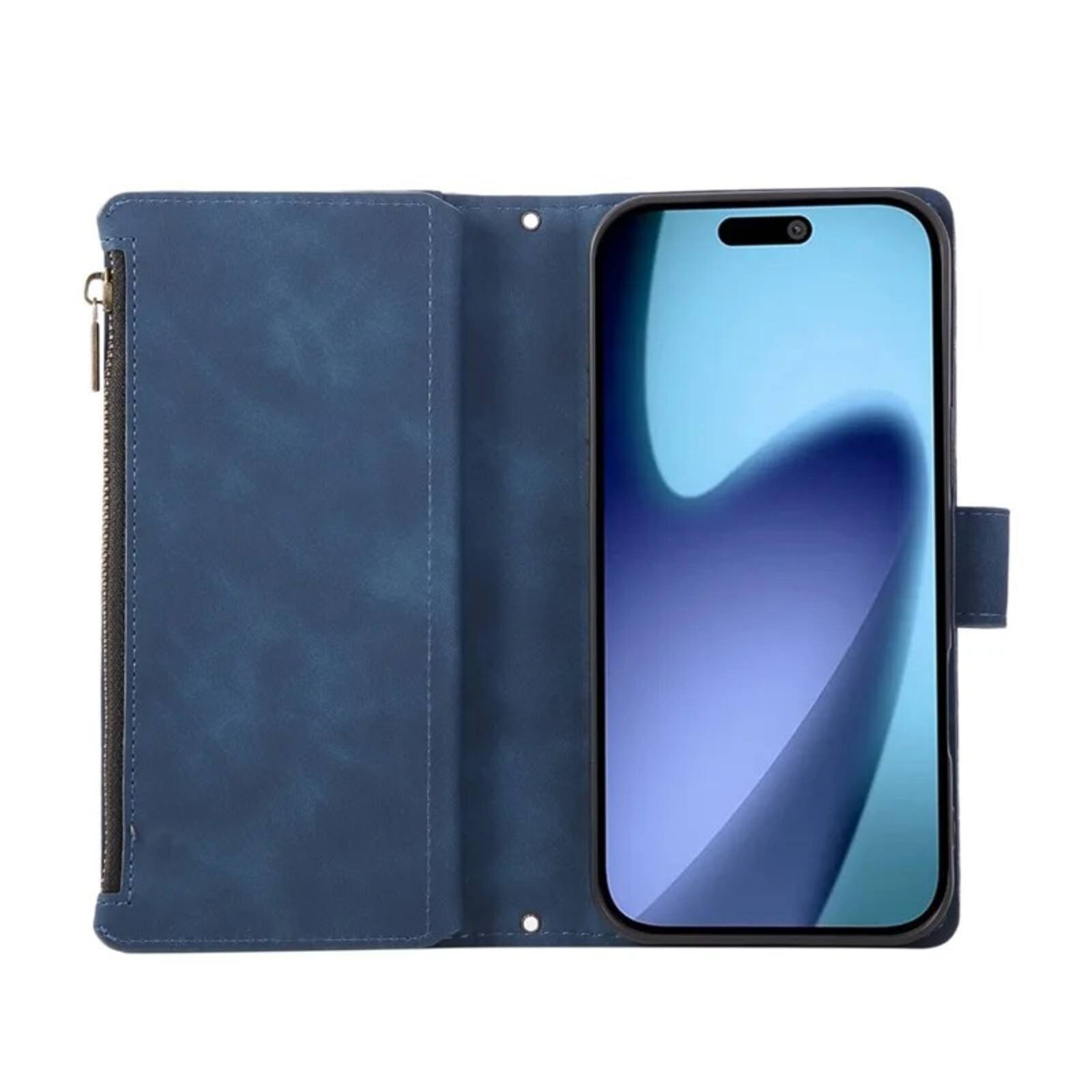 Back. UUCOVER - Wallet Case for Apple iPhone 18 Pro with Card Slots Cash Holder, Zipper Pocket, Wrist & Shoulder Strap, Flip Stand Cover - Blue.