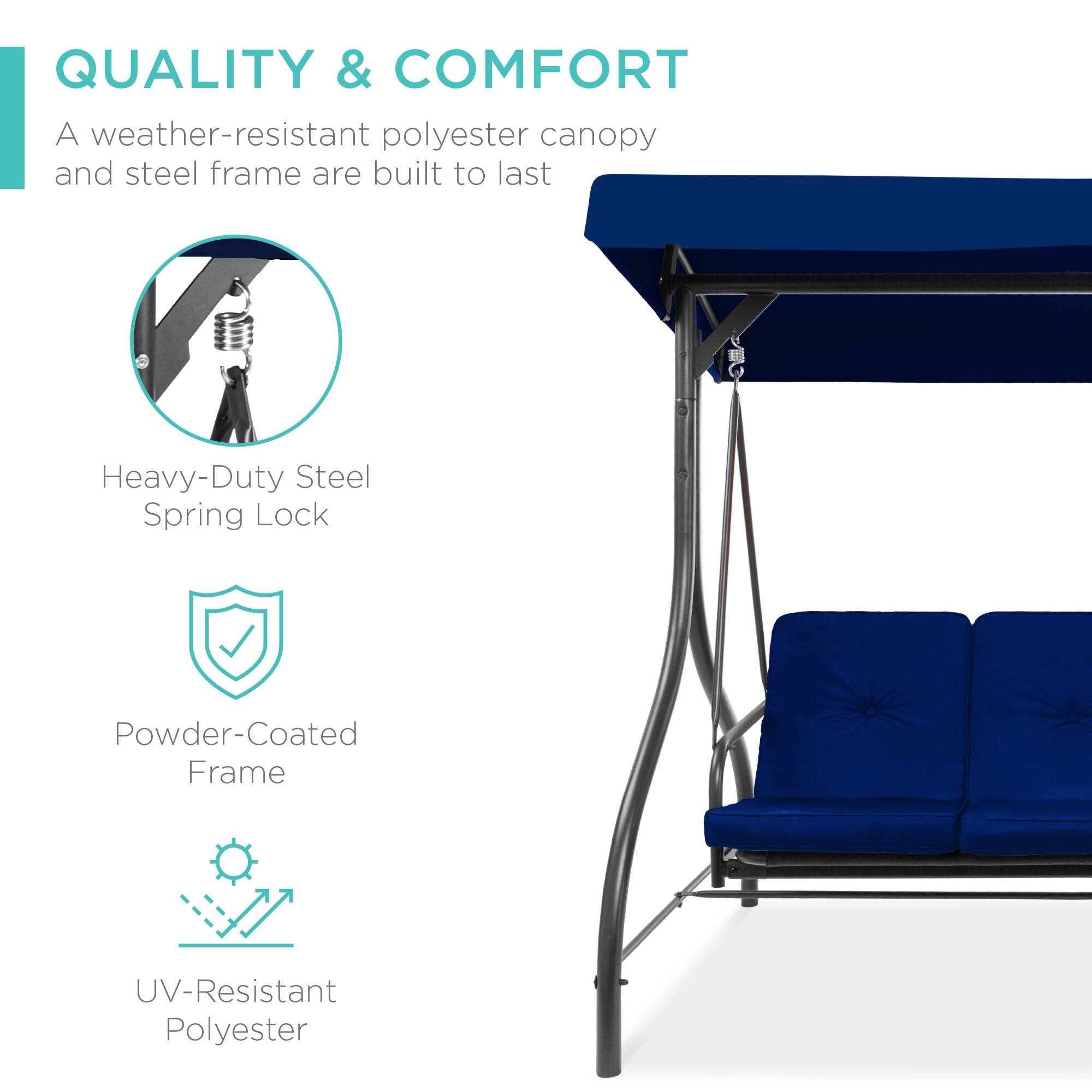 QUALITY & COMFORT

A weather-resistant polyester canopy and steel frame are built to last.

- Heavy-Duty Steel Spring Lock
- Powder-Coated Frame
- UV-Resistant Polyester
